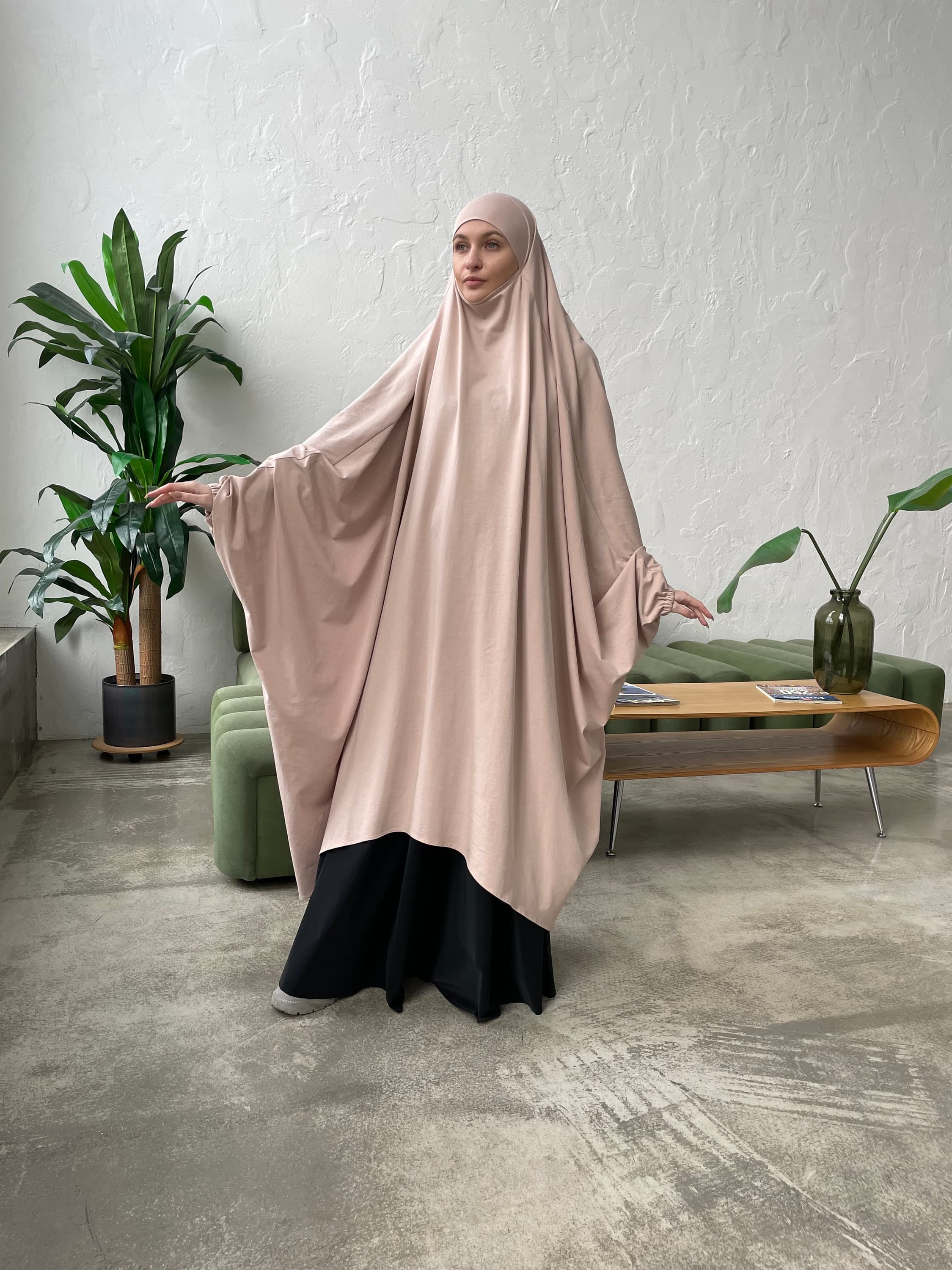 Elegant beige long cotton jersey khimar asymmetrical length - image 3