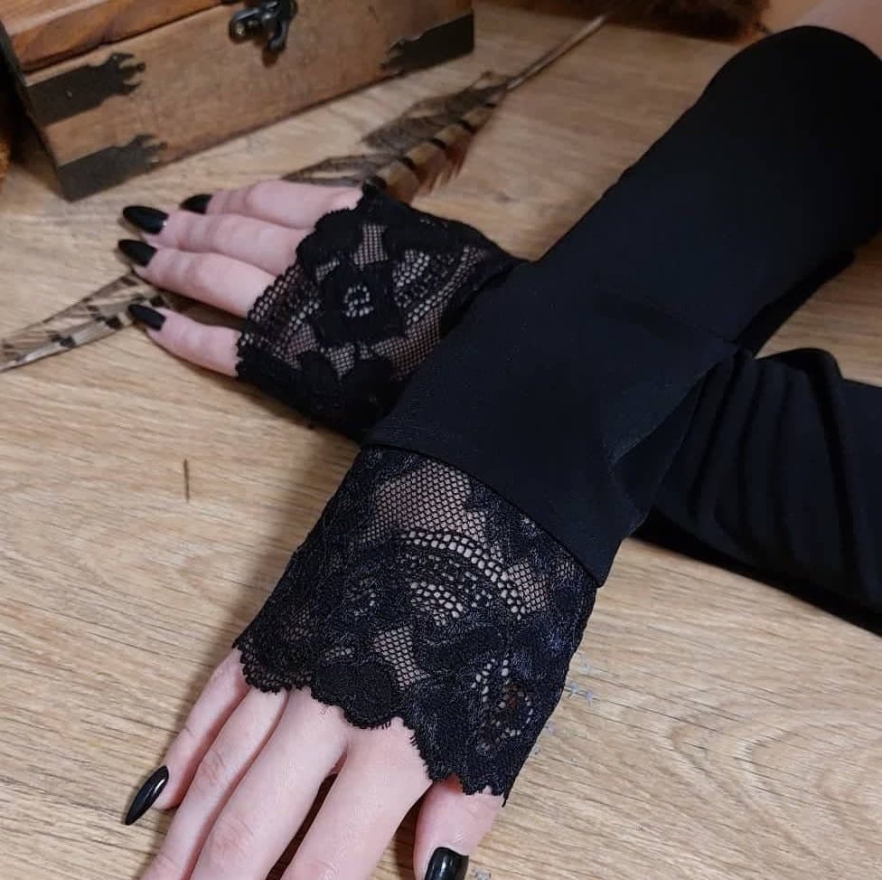 Black Lace Arm Sleeves: Knitted Long Mitts, Muslim Accessory