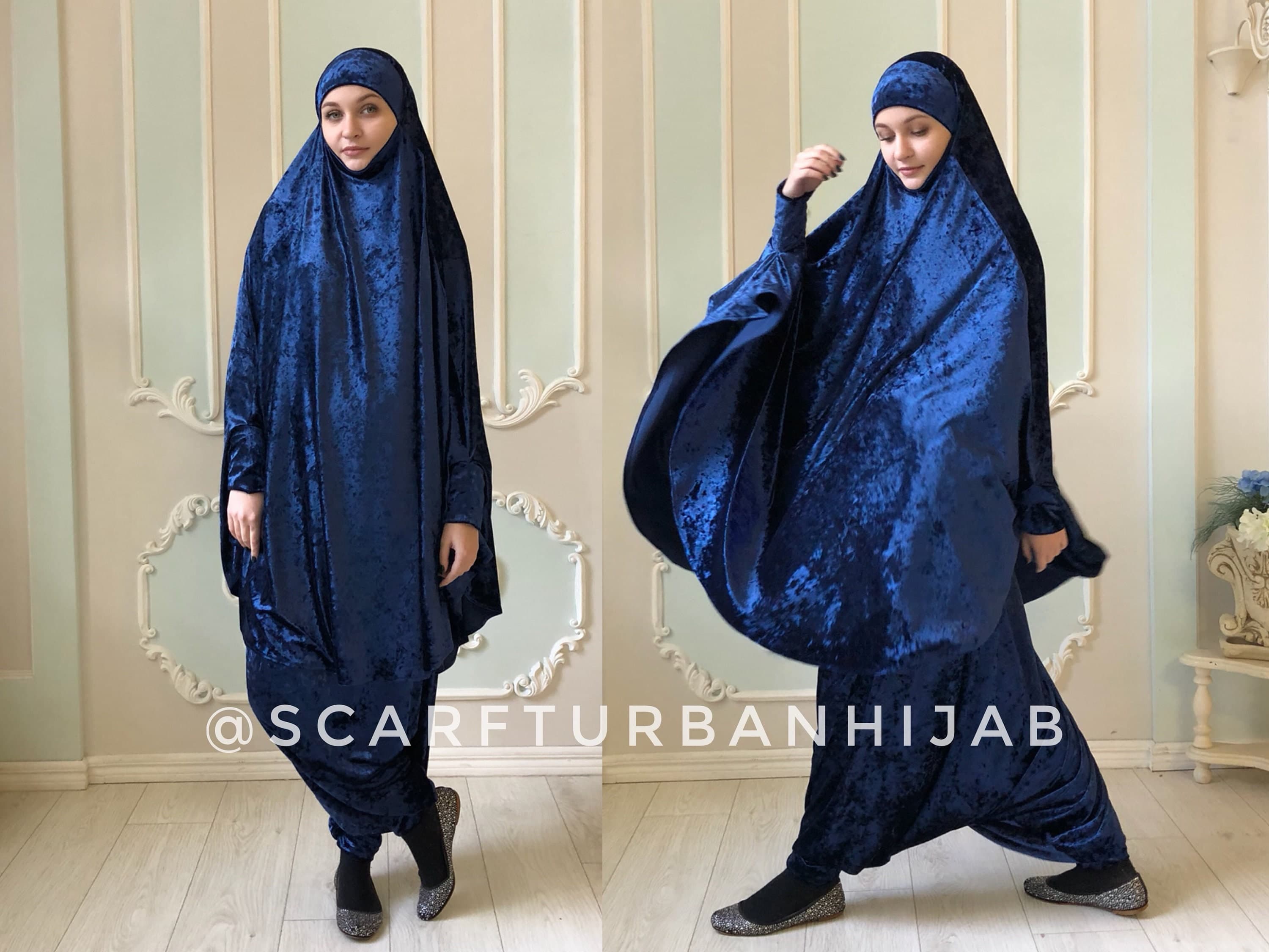 Velvet Navy Blue French Khimar Suit, Muslim Harem Pants, Long Hijab, Size M-L - image 3