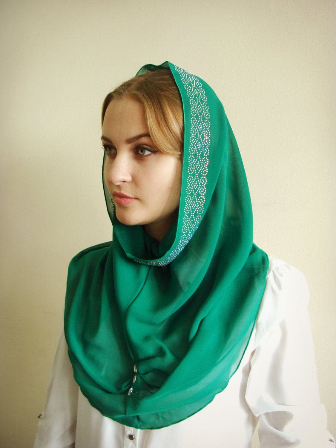 Emerald Chiffon Infinity Scarf, Green Hijab with Crystals - image 4