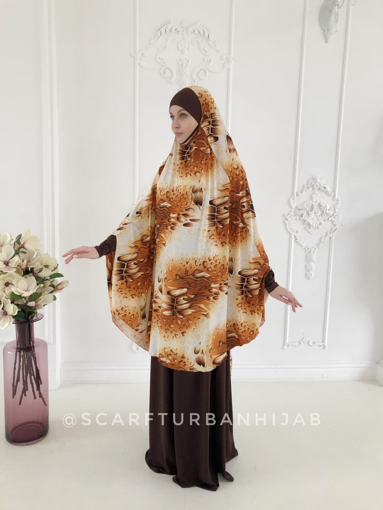 Floral Print Khimar Jilbab Hijab, Beige & Brown, Ready to Wear - image 5