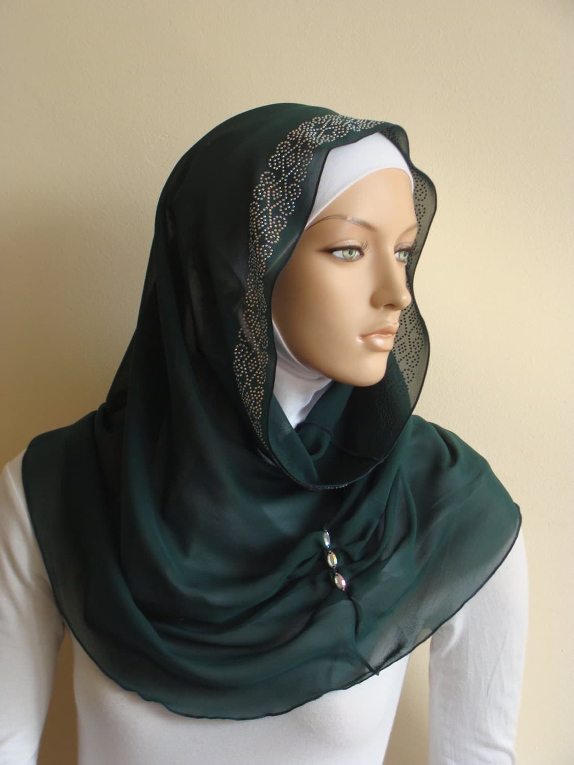 Dark Green Chiffon Infinity Scarf with Crystals - image 4