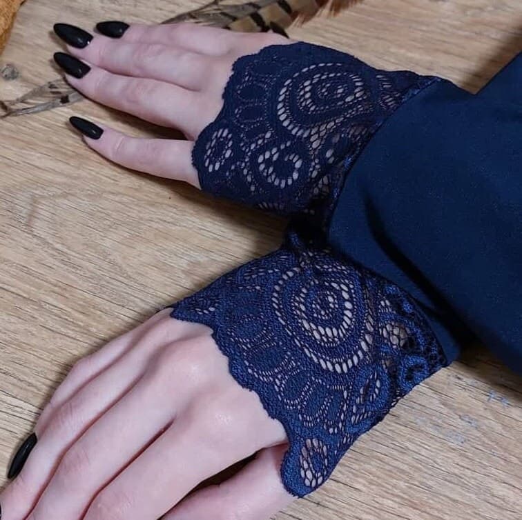 Lace Cuff Arm Sleeves - Dark Blue Knitted Mitts, Muslim Accessory - image 5
