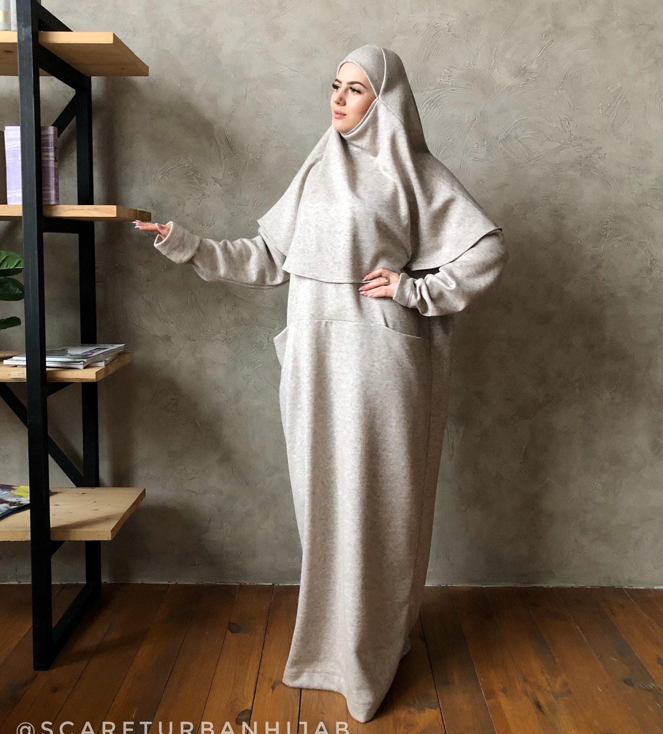 Beige Wool Maxi Dress with Hood, Plus Size Kaftan Abaya