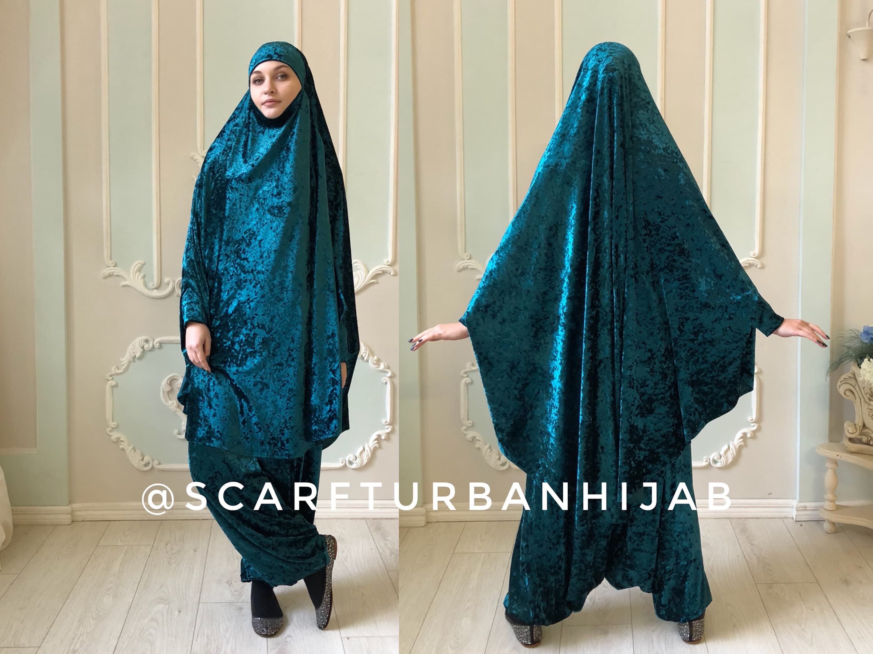 Emerald Velvet French Khimar Suit, Muslim Harem Pants, Long Hijab Niqab - image 3