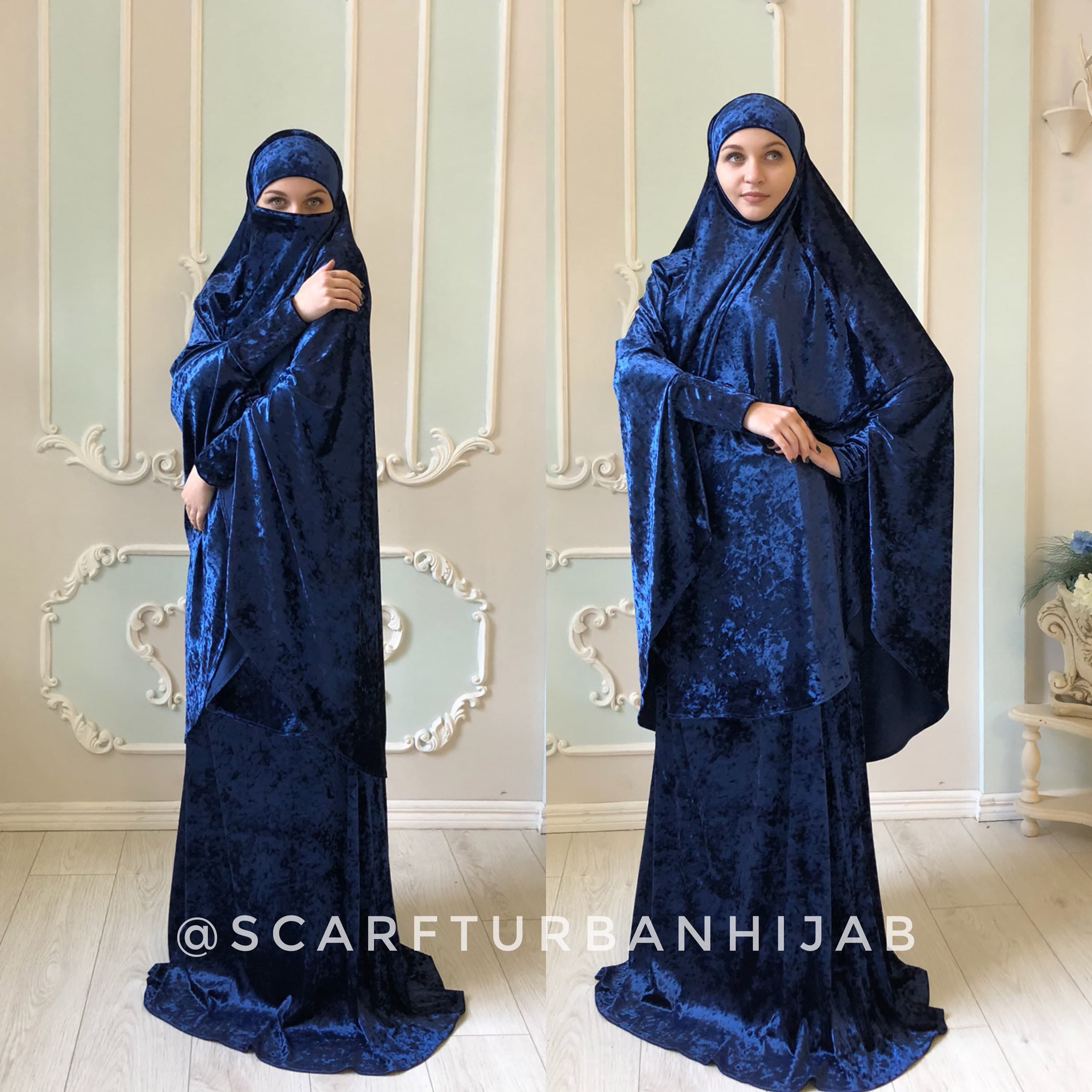 Navy Blue Velvet Jilbab Suit, Transformer Khimar, Muslim Dress - image 3