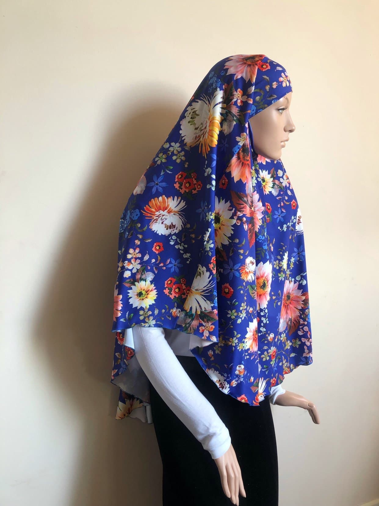 Royal Blue Floral Jersey Khimar, Traditional Hijab - image 4