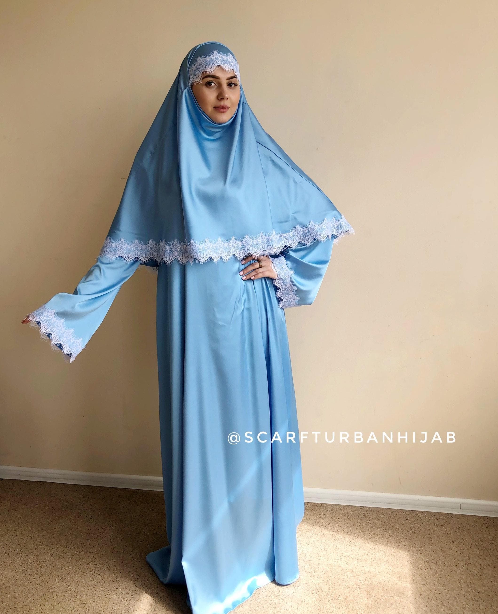 Sky Blue Silk Abaya Dress with Lace Trim (S-M)