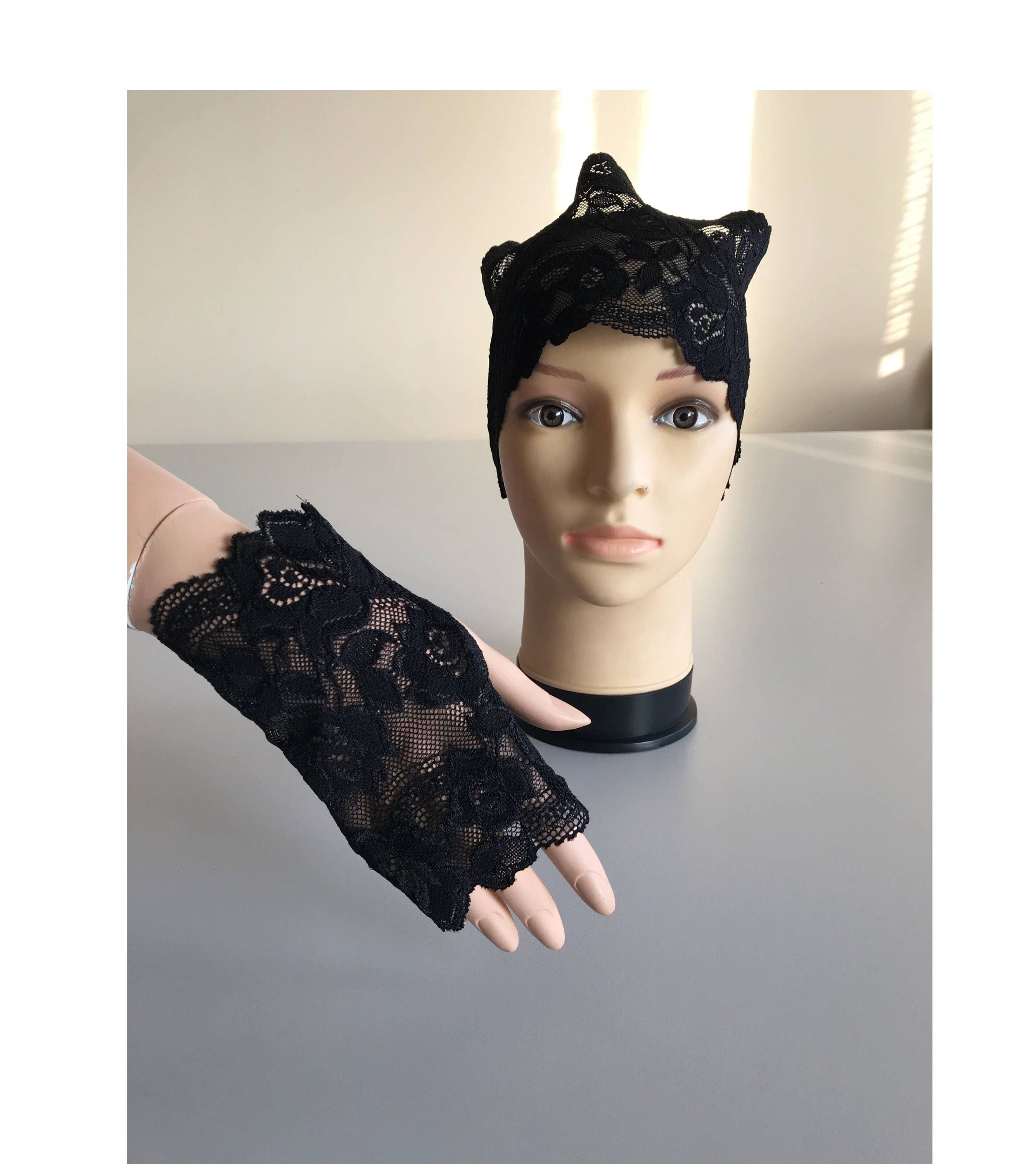 Black Lace Mittens, Retro Headband, Elegant Turbam