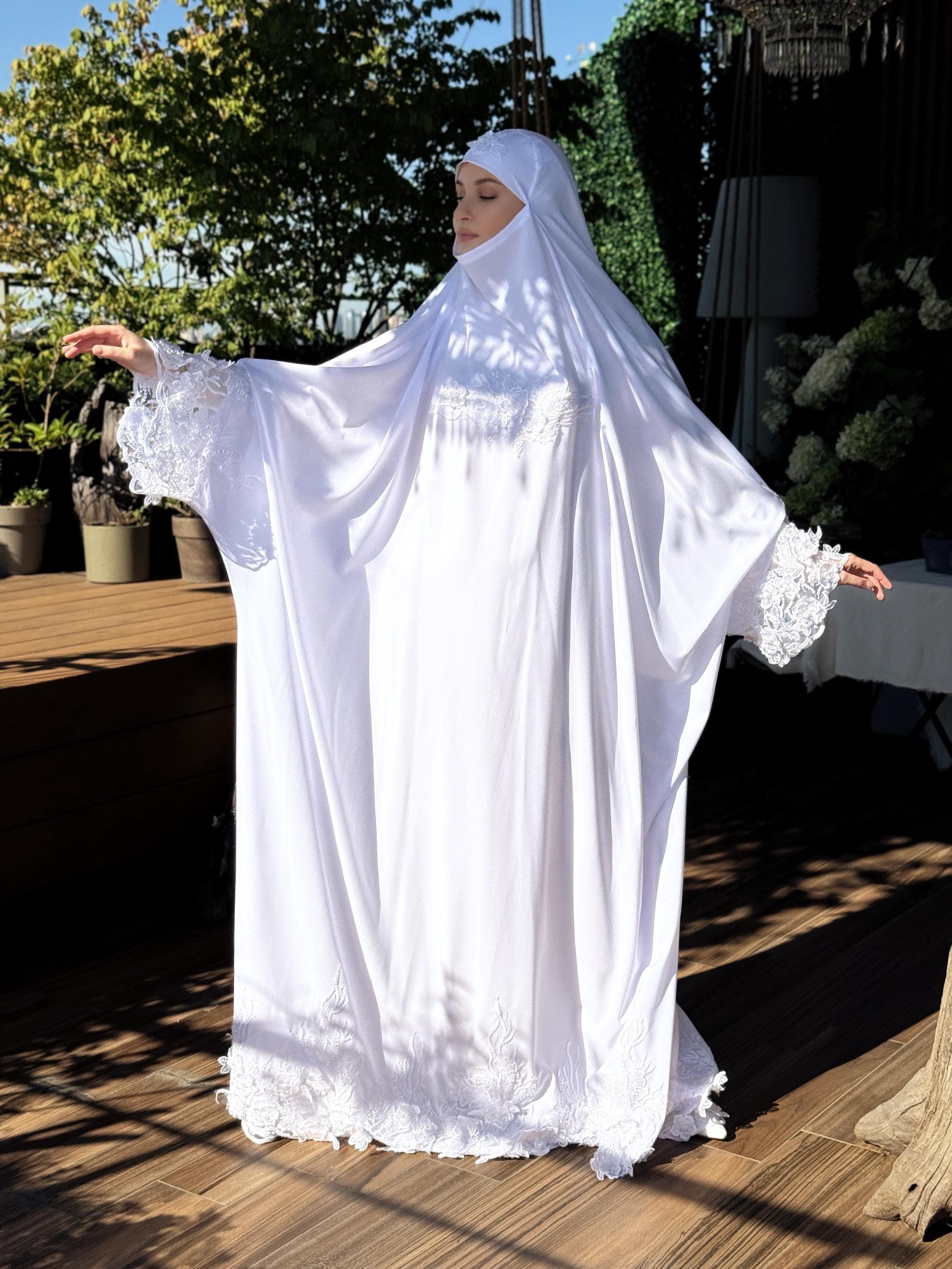 White Bridal Jilbab, Lace Embroidery Khimar, Modest Islamic Wedding Dress, Handmade Abaya - image 4