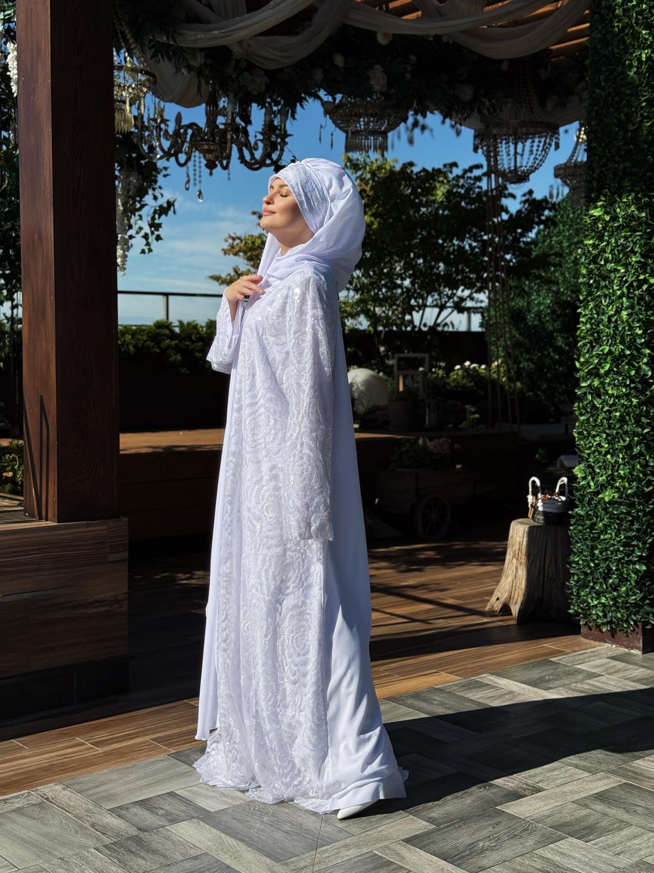White Sequin Lace Maxi Dress, Modest Islamic Gown, Optional Hijab - image 4