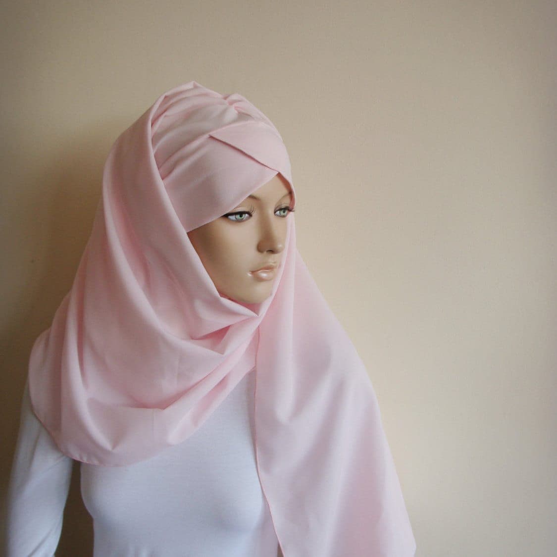 Handmade Pink Chiffon Turban Hijab, Ready to Wear Chapel Scarf
