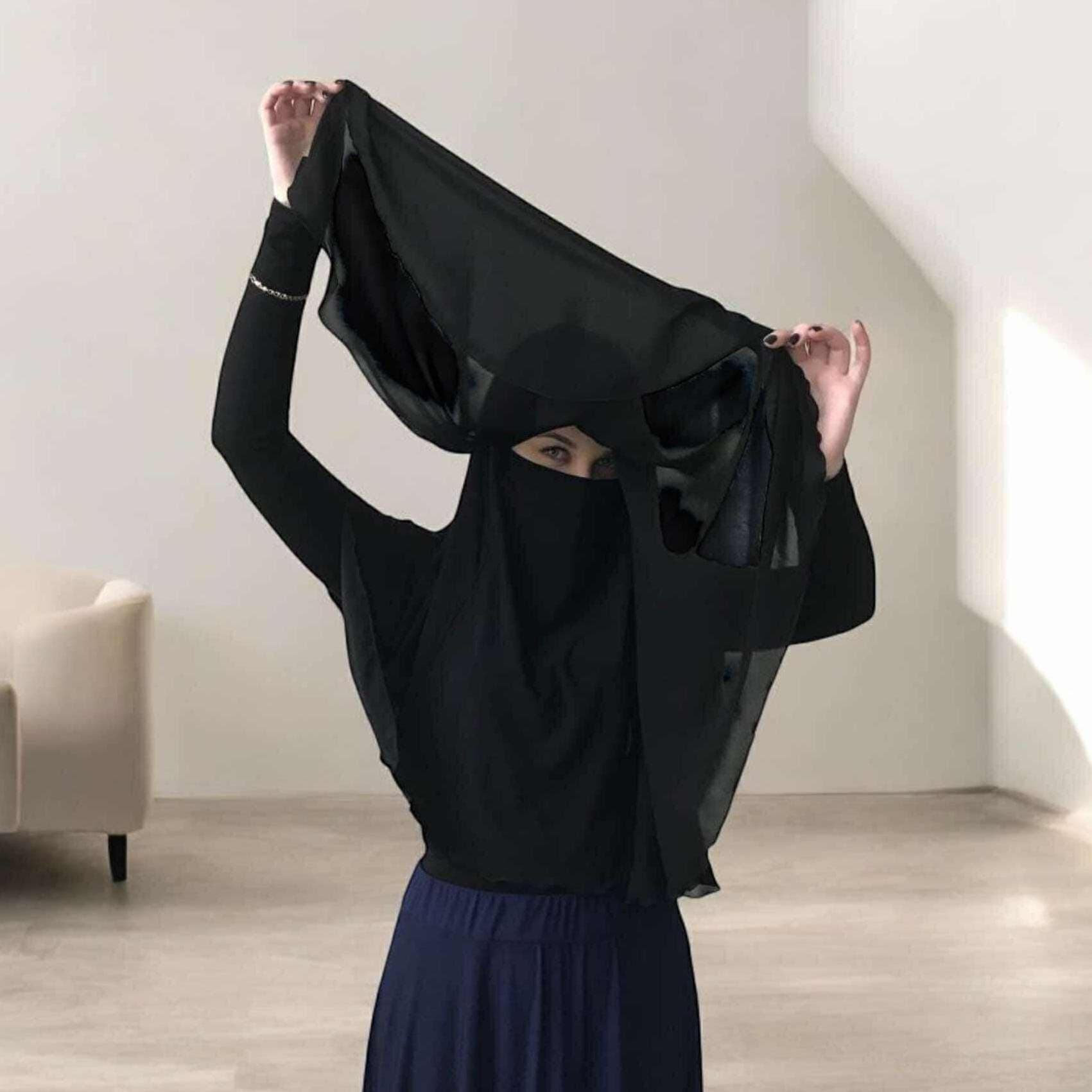 Black Jersey Niqab Veil, 3-in-1 Hijab, Burqa Prayer Scarf
