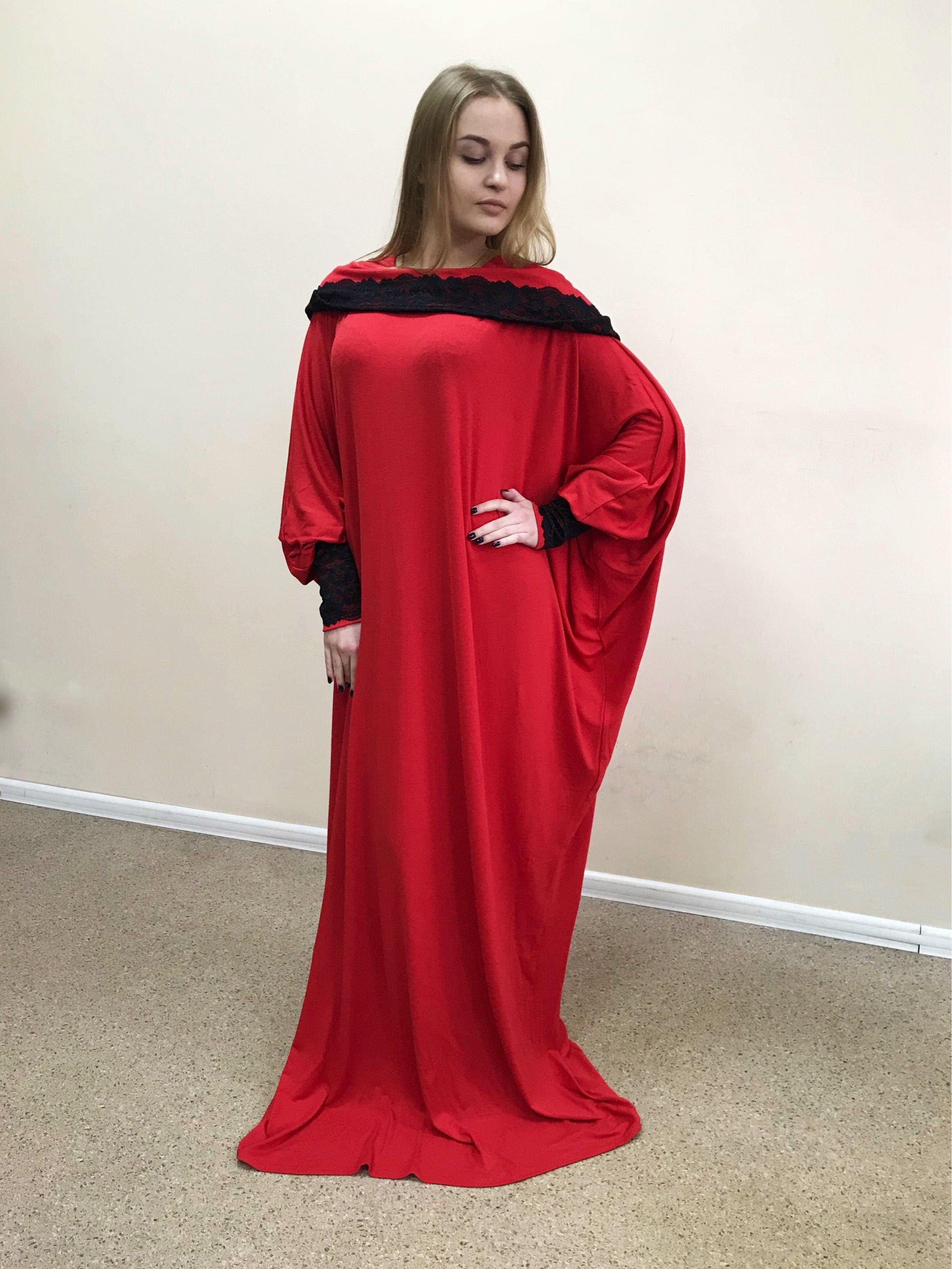 Red Hooded Maxi Dress, Elegant Lace Cuffs, Plus Size Kaftan - image 4