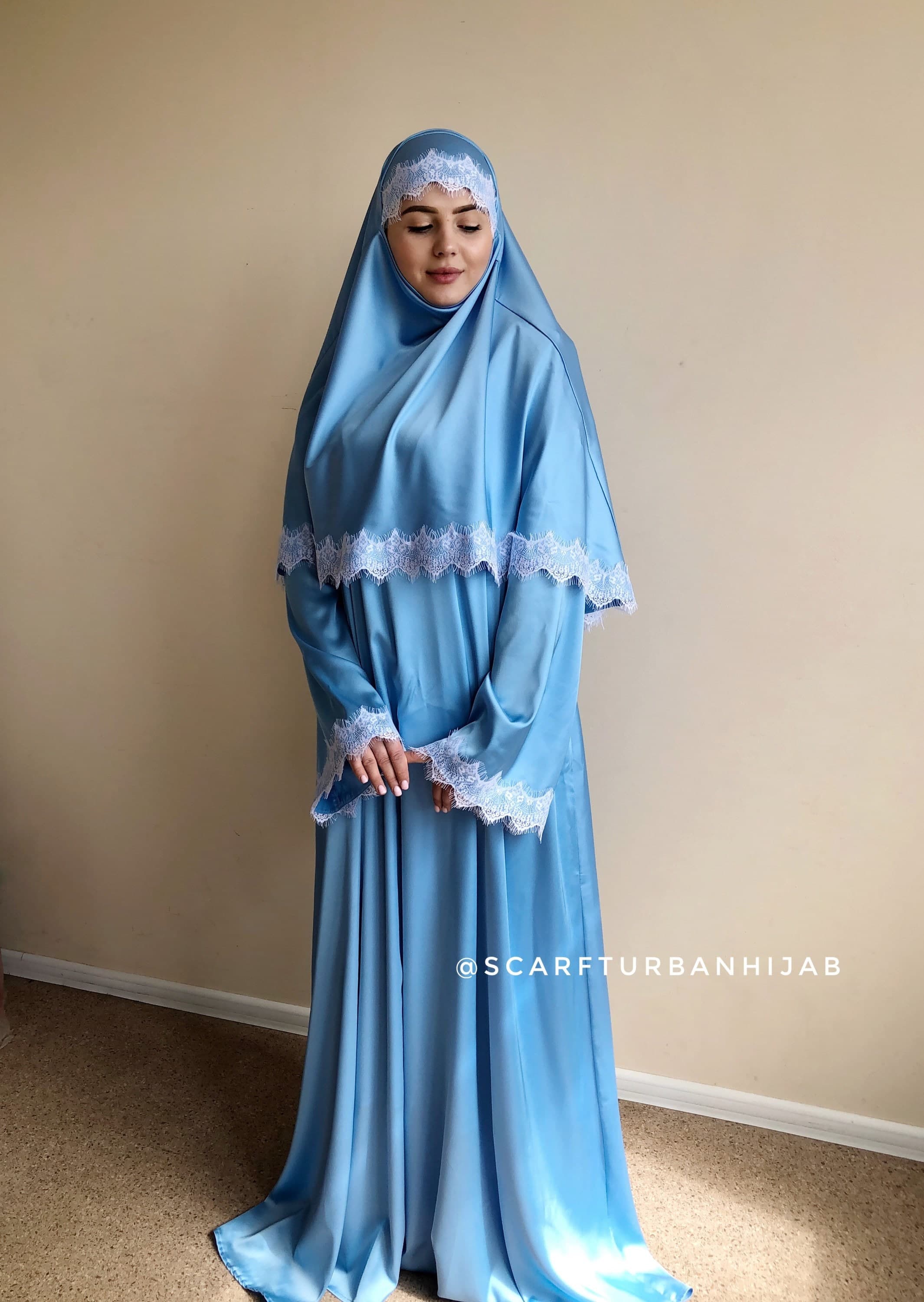 Sky Blue Silk Abaya Dress with Lace Hijab (Size 2 XL) - image 5