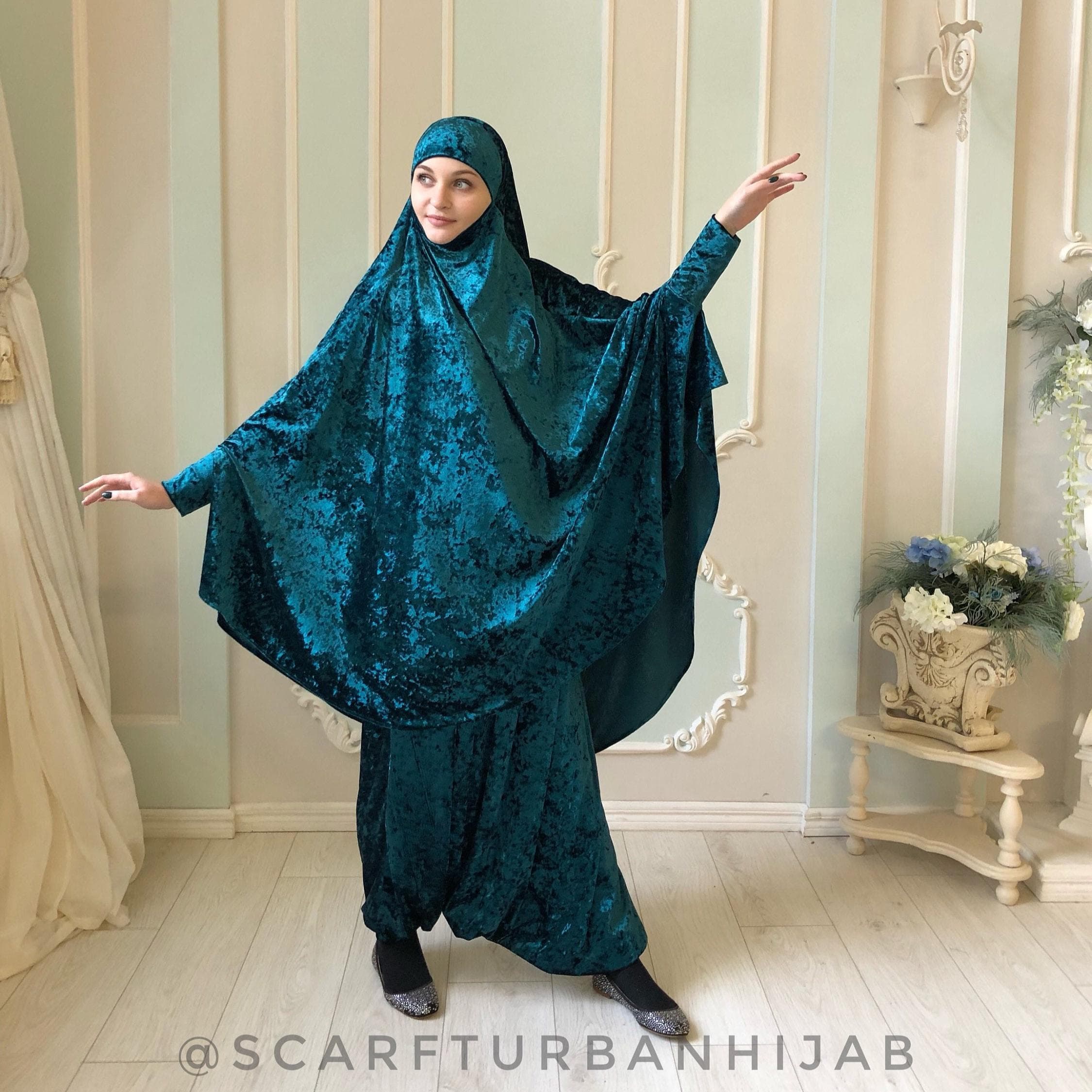 Emerald Velvet French Khimar Suit, Muslim Harem Pants, Long Hijab Niqab