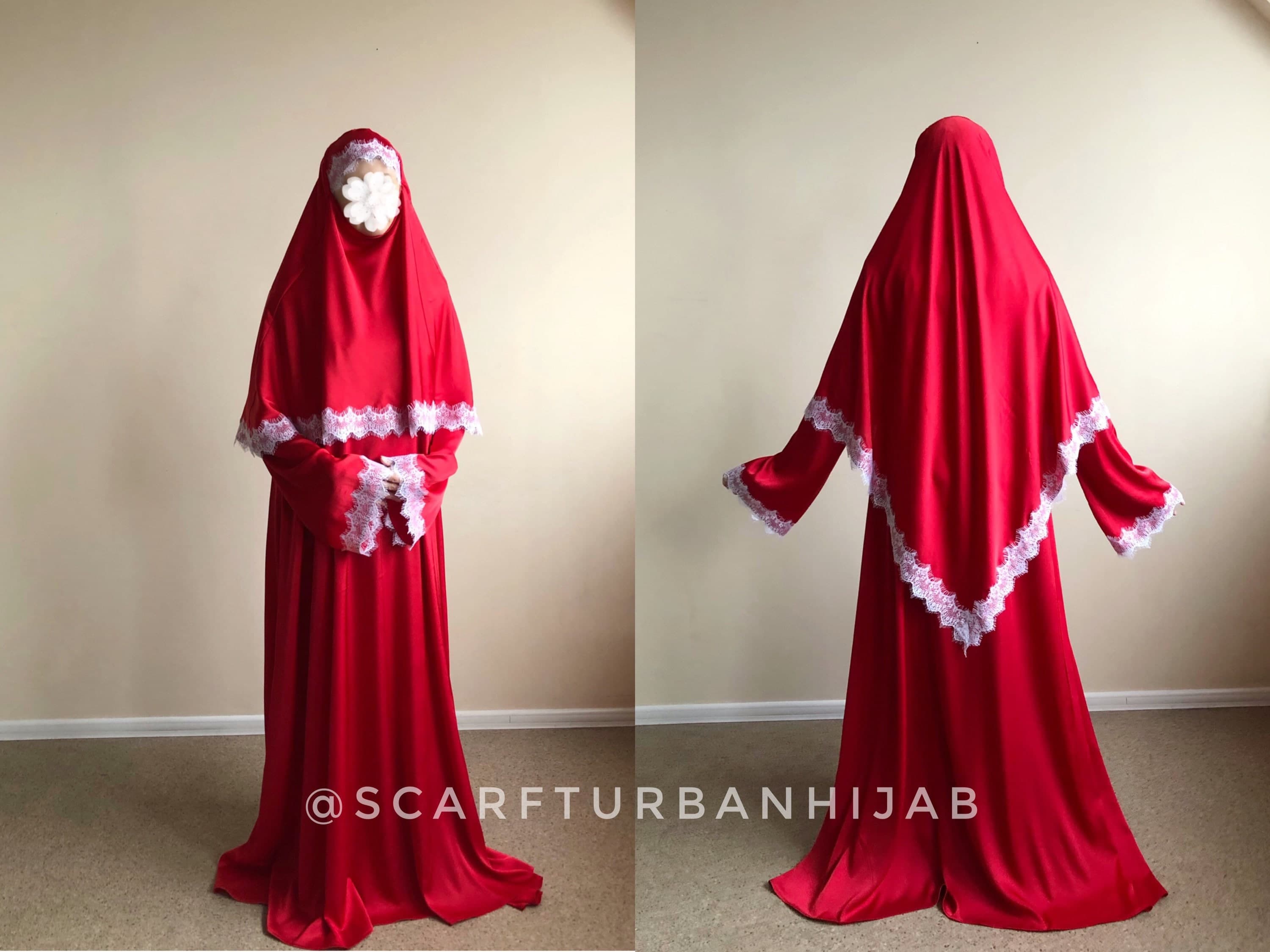 Red Silk Lace Abaya, Elegant Muslim Wedding Outfit (S-M) - image 4