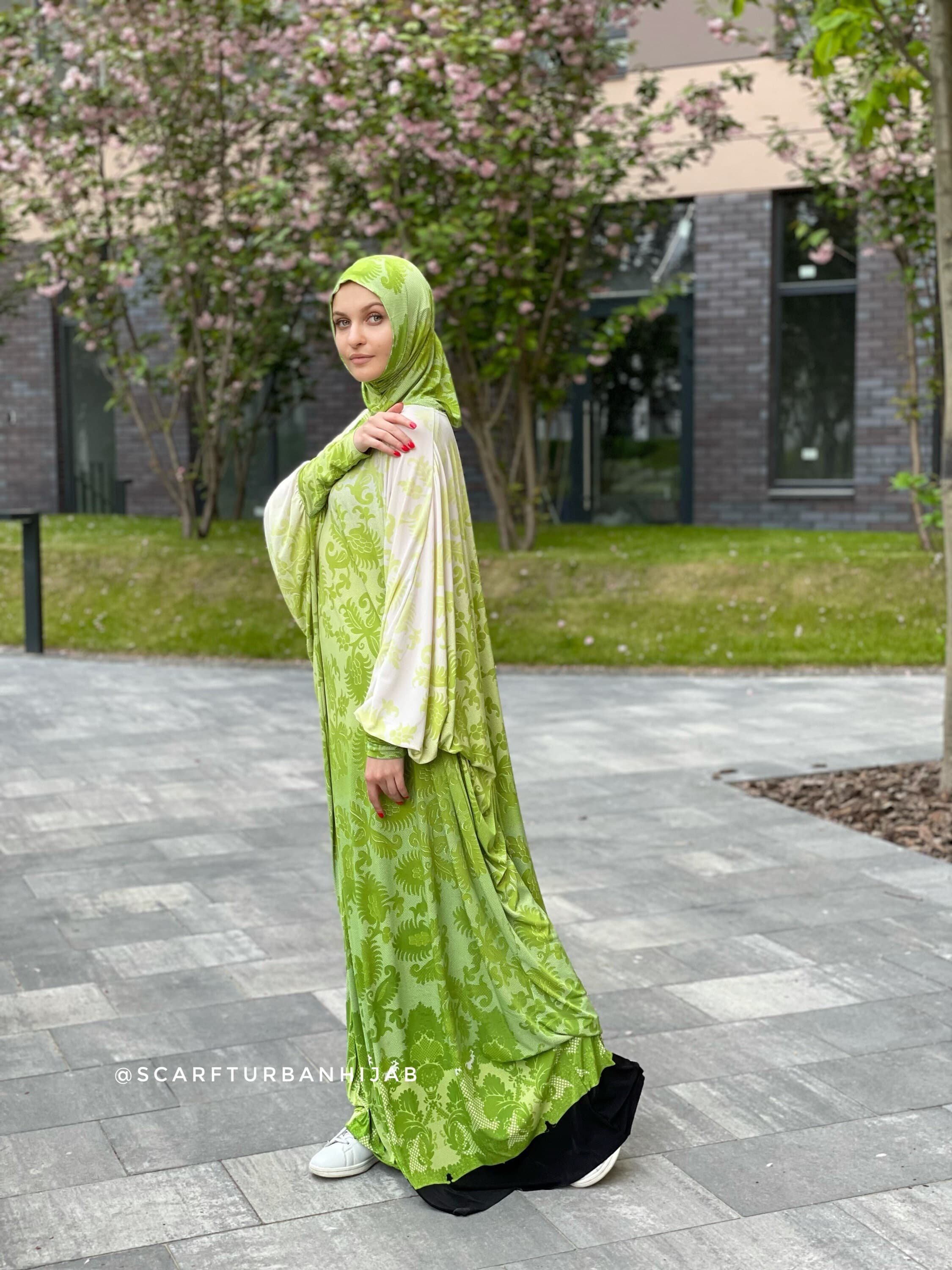 Green Gradient Jersey Caftan Abaya Dress, Attached Hijab, Plus Size - image 4