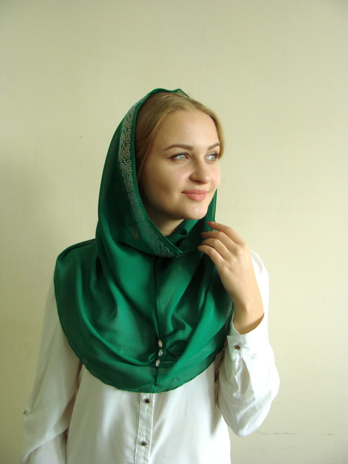 Emerald Chiffon Infinity Scarf, Green Hijab with Crystals - image 3
