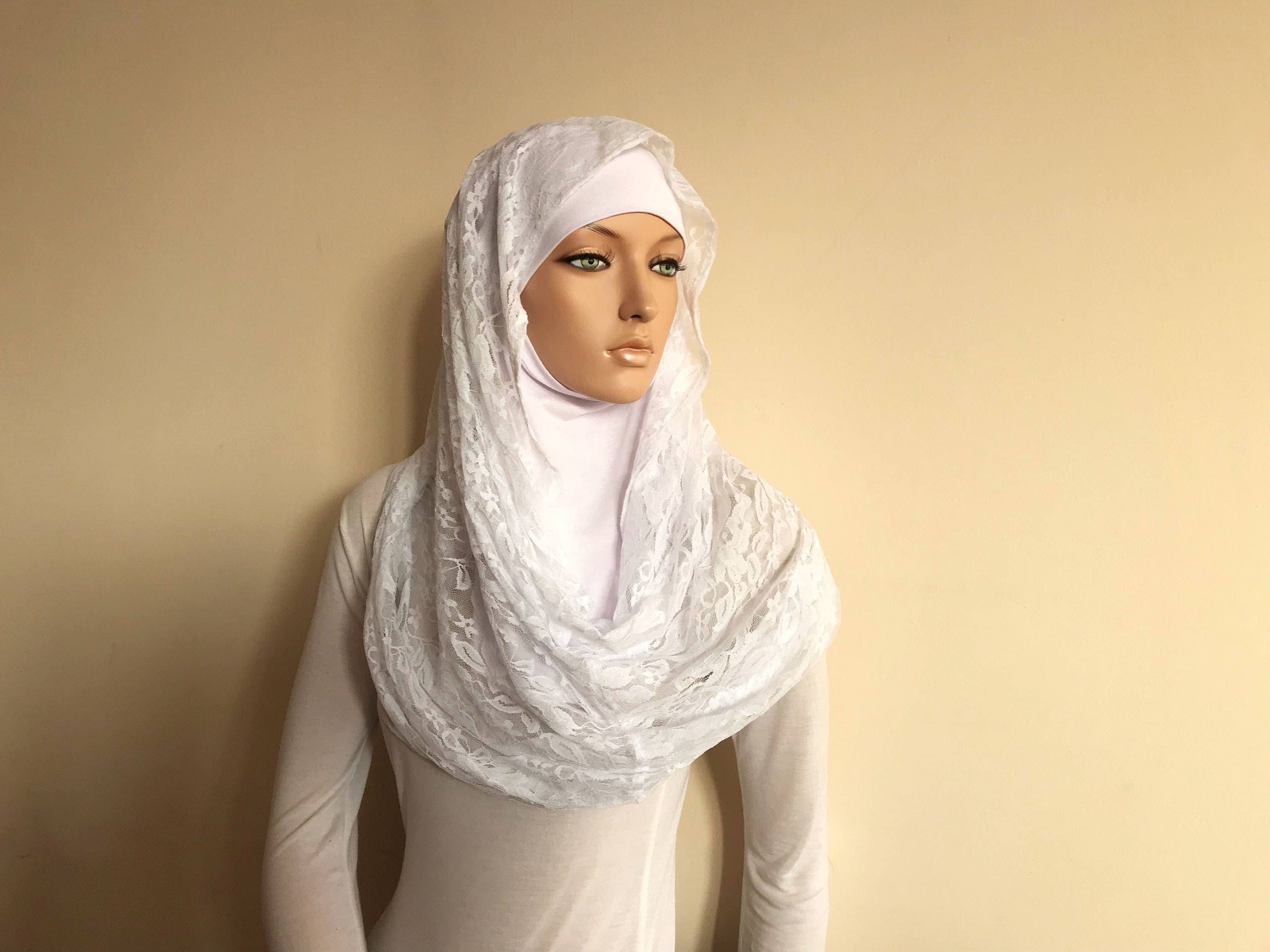 White Lace Infinity Scarf, Wedding Bridal Veil, Modern Hijab - image 5
