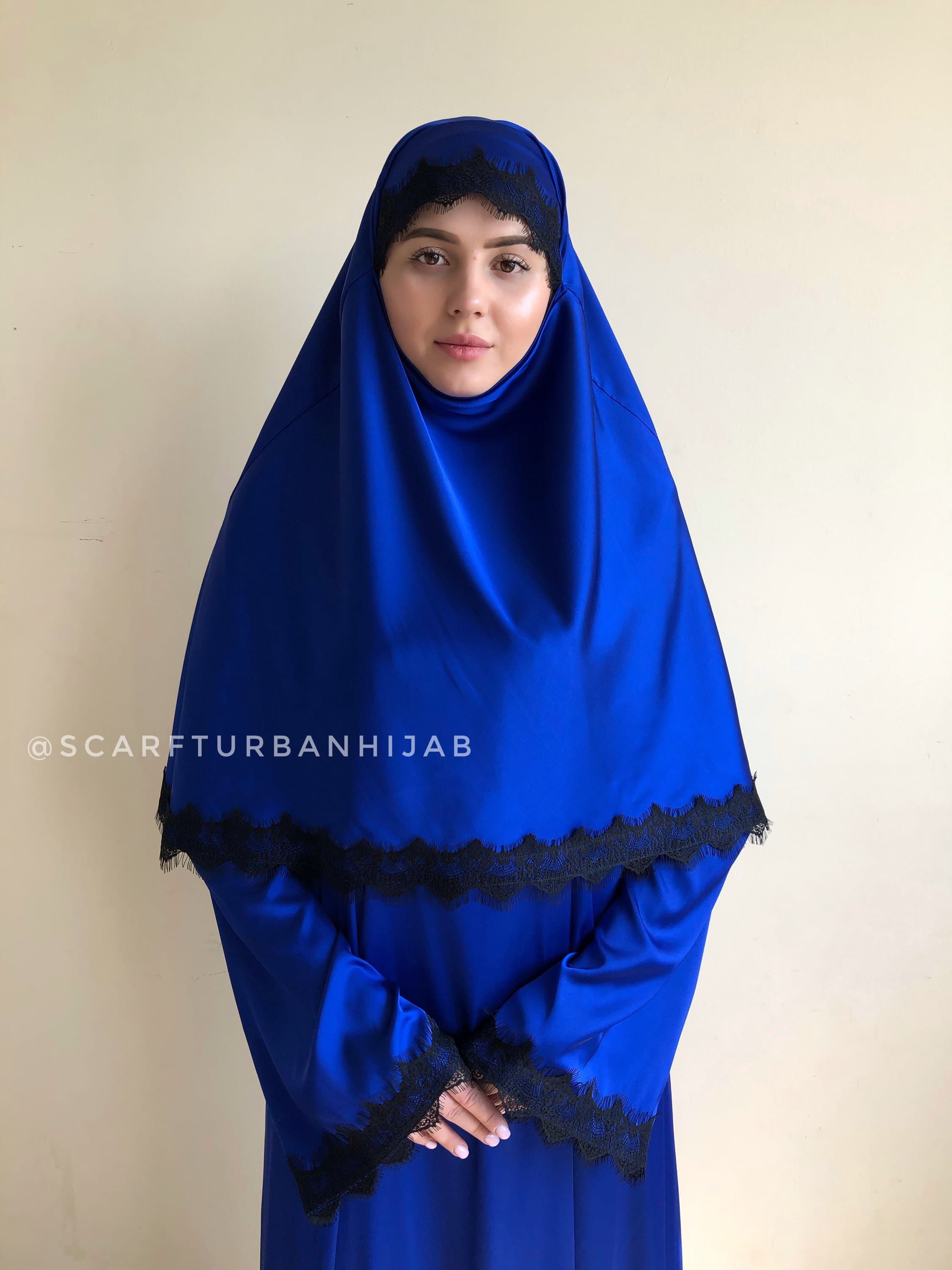 S-M size Royal blue silk elegant dress, lace abaya, stylish hijab, modesty clothing - image 4
