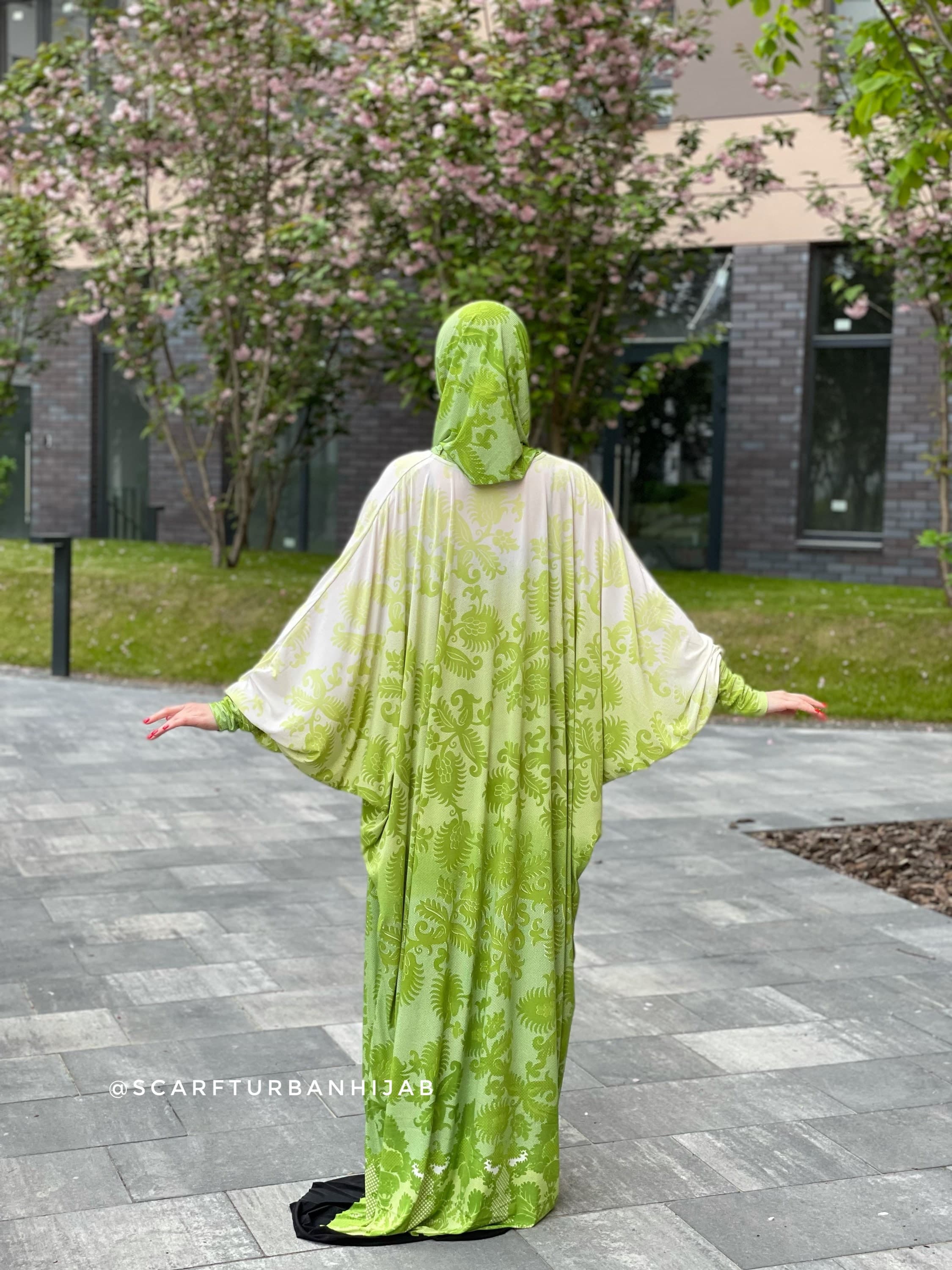 Green Gradient Jersey Caftan Abaya Dress, Attached Hijab, Plus Size - image 5