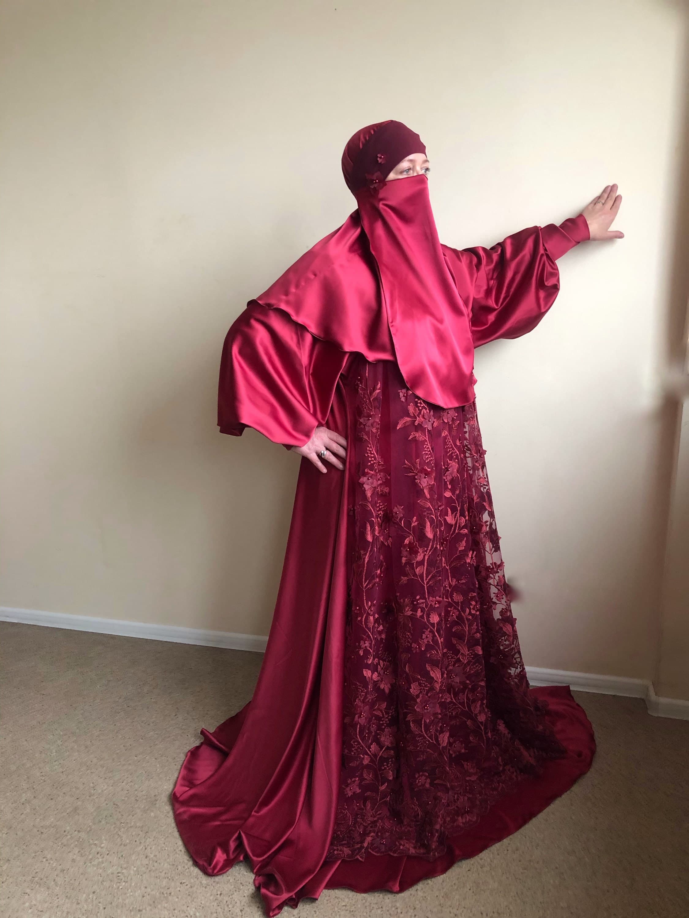 Burgundy Silk Satin Maxi Dress, Embroidered Lace, Elegant Muslim Wedding