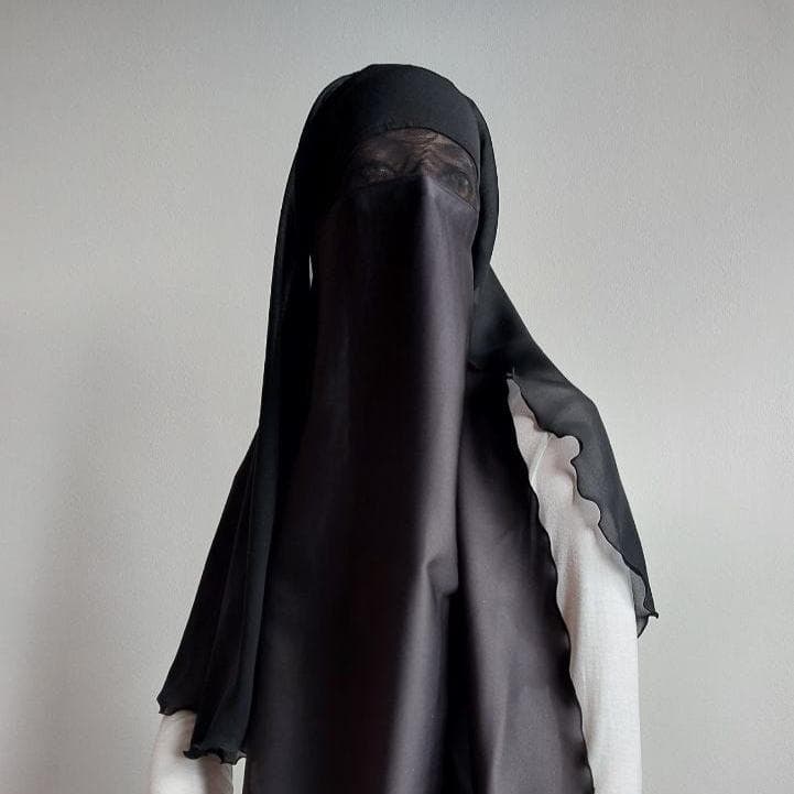 Black Niqab Burqa with Veil: See-Through Netting, Polyester Viscose Silk