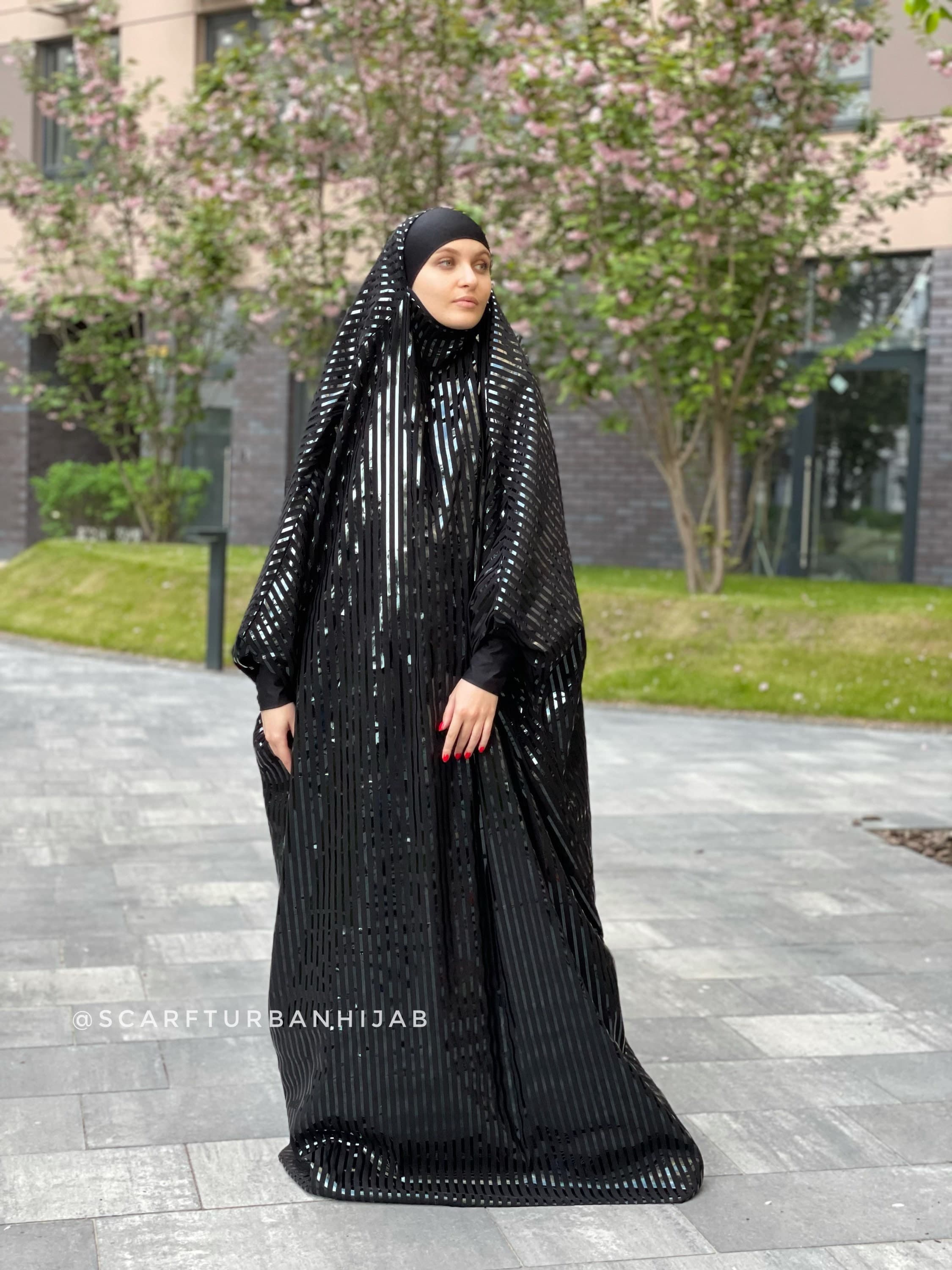 Black Stripe Latex Jilbab, Elegant Muslim Dress, Khimar Hijab - image 4