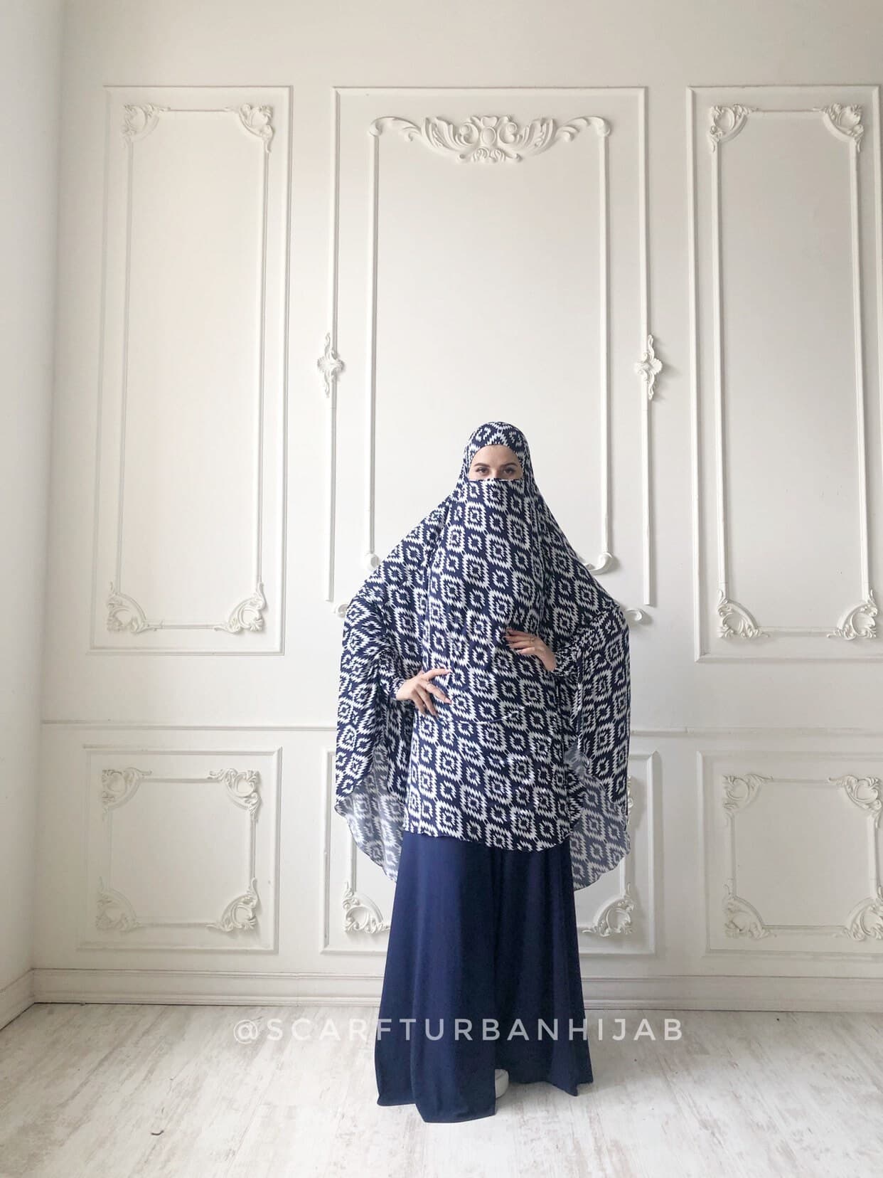Blue Geometric Print Jersey Khimar Niqab, Islamic Prayer Scarf - image 5
