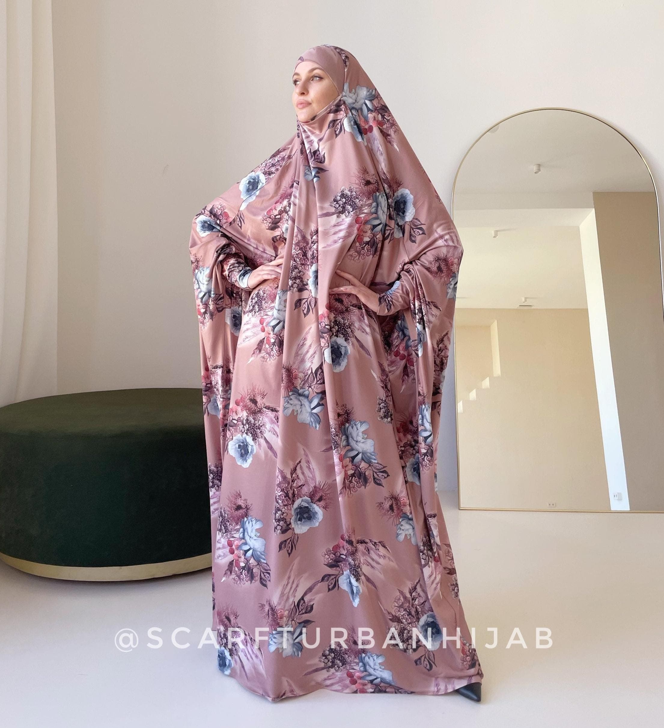 Floral Print Khimar Jilbab Dress, Full Coverage Knit Fabric