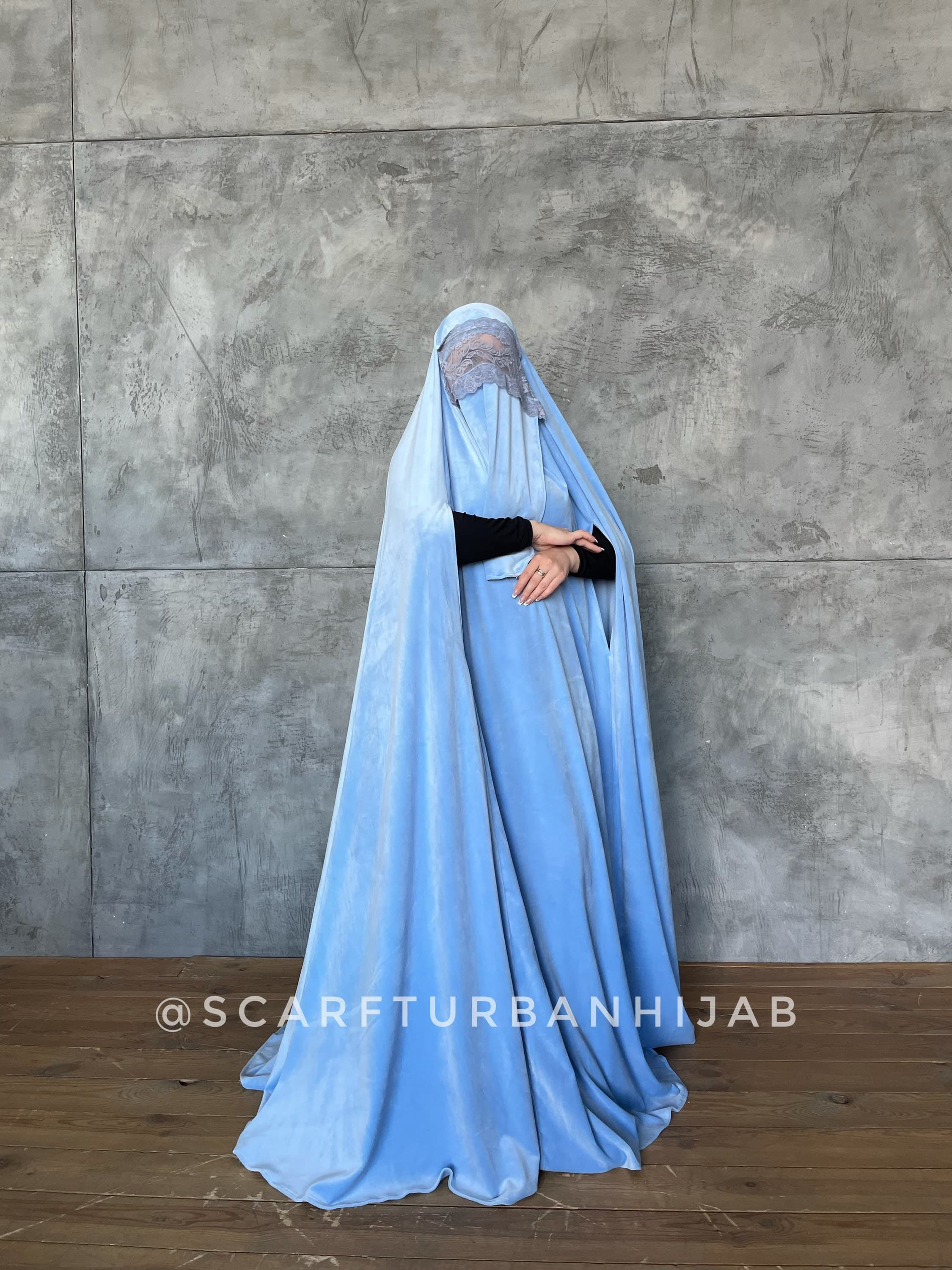 Warm blue Afghan burqa, plush velour khimar cape, niqab, full long hijab jilbab