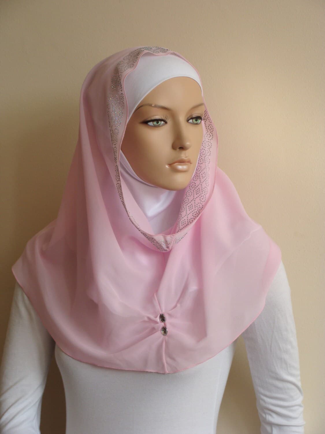 Pink Chiffon Infinity Scarf, Crystals and Stones, Modern Hijab - image 5