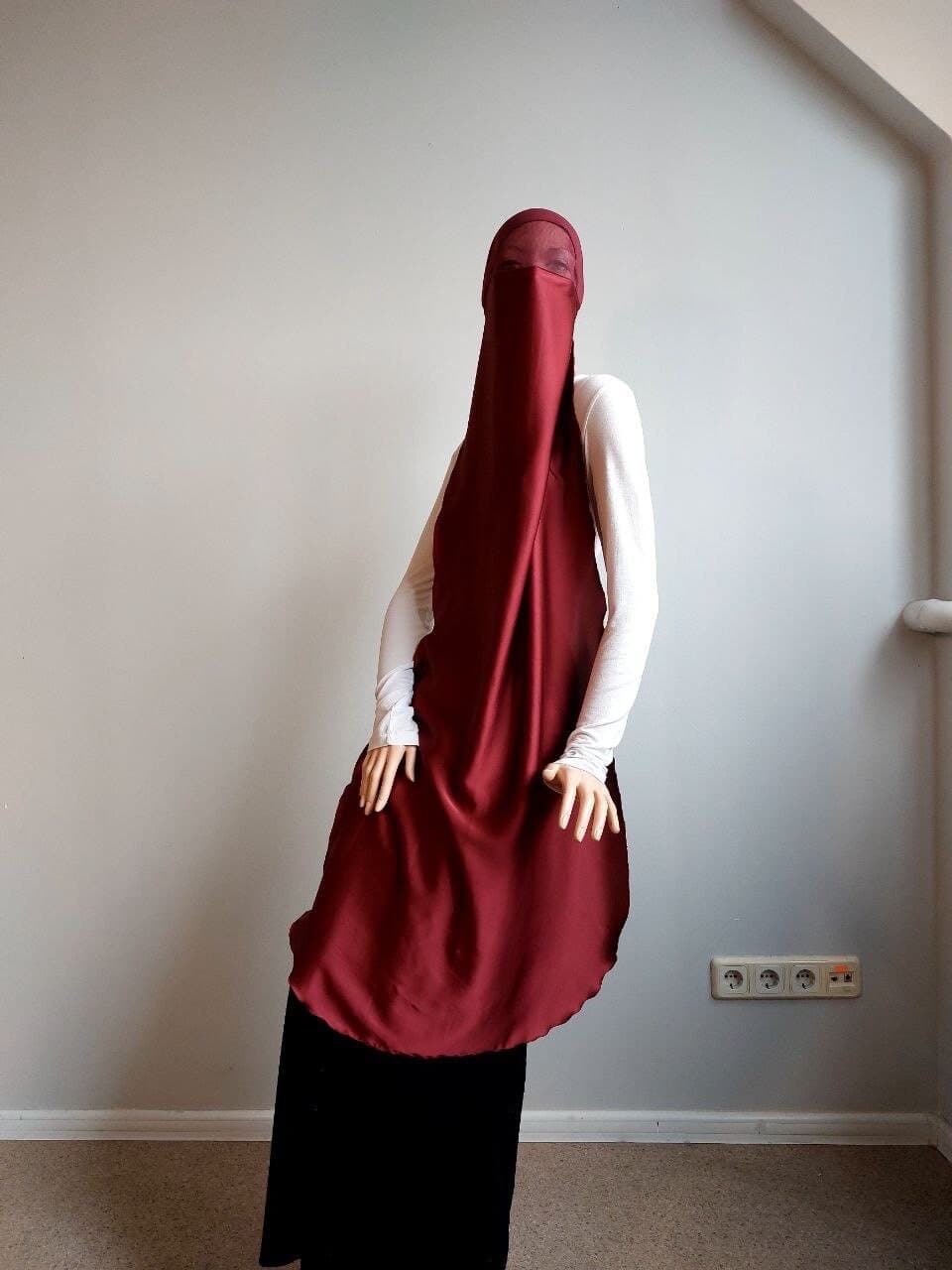 Burgundy Silk Netted Niqab, Breathable Face Veil - image 3