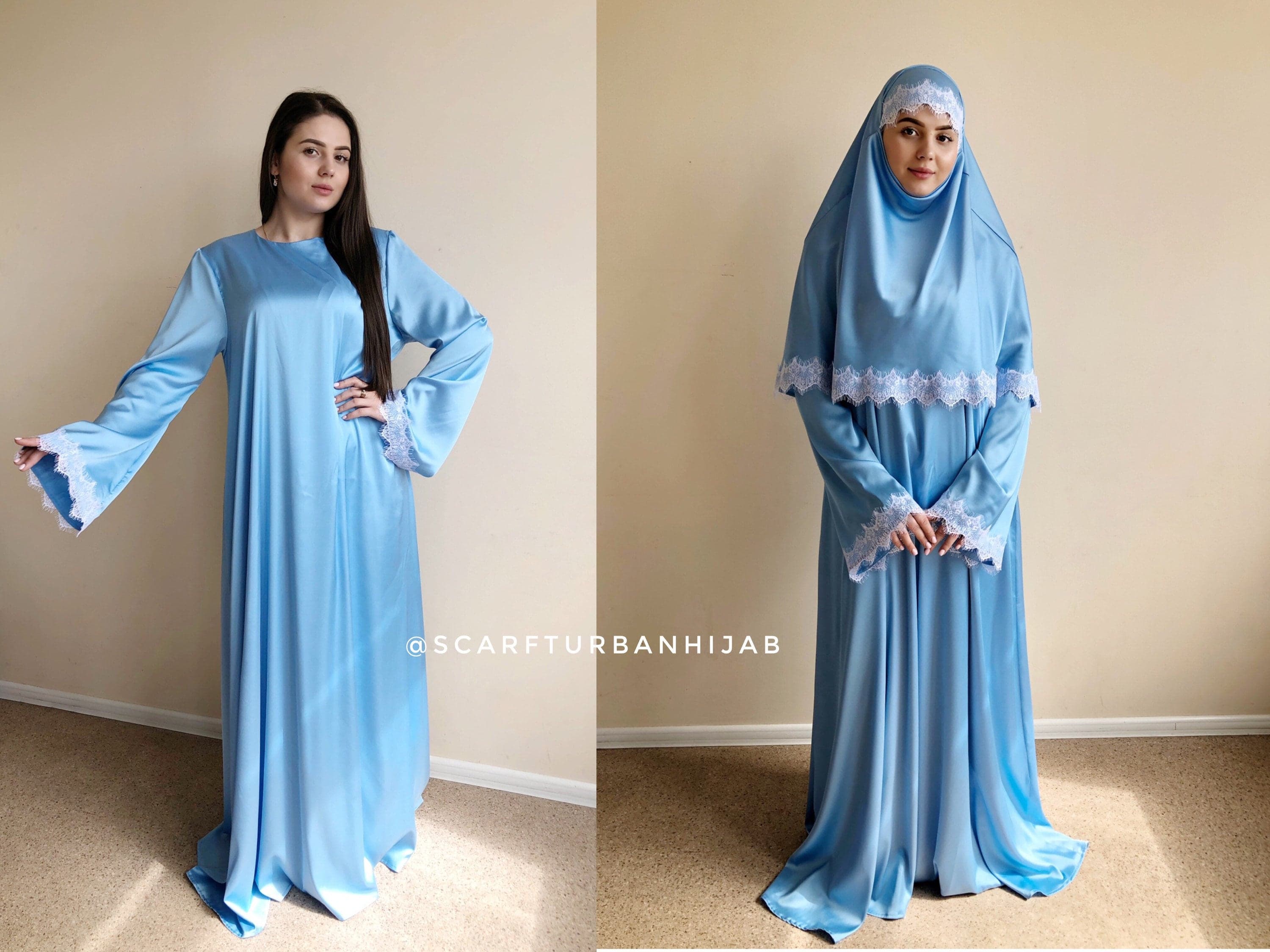 Sky Blue Silk Abaya Dress with Lace Hijab (Size 2 XL) - image 3