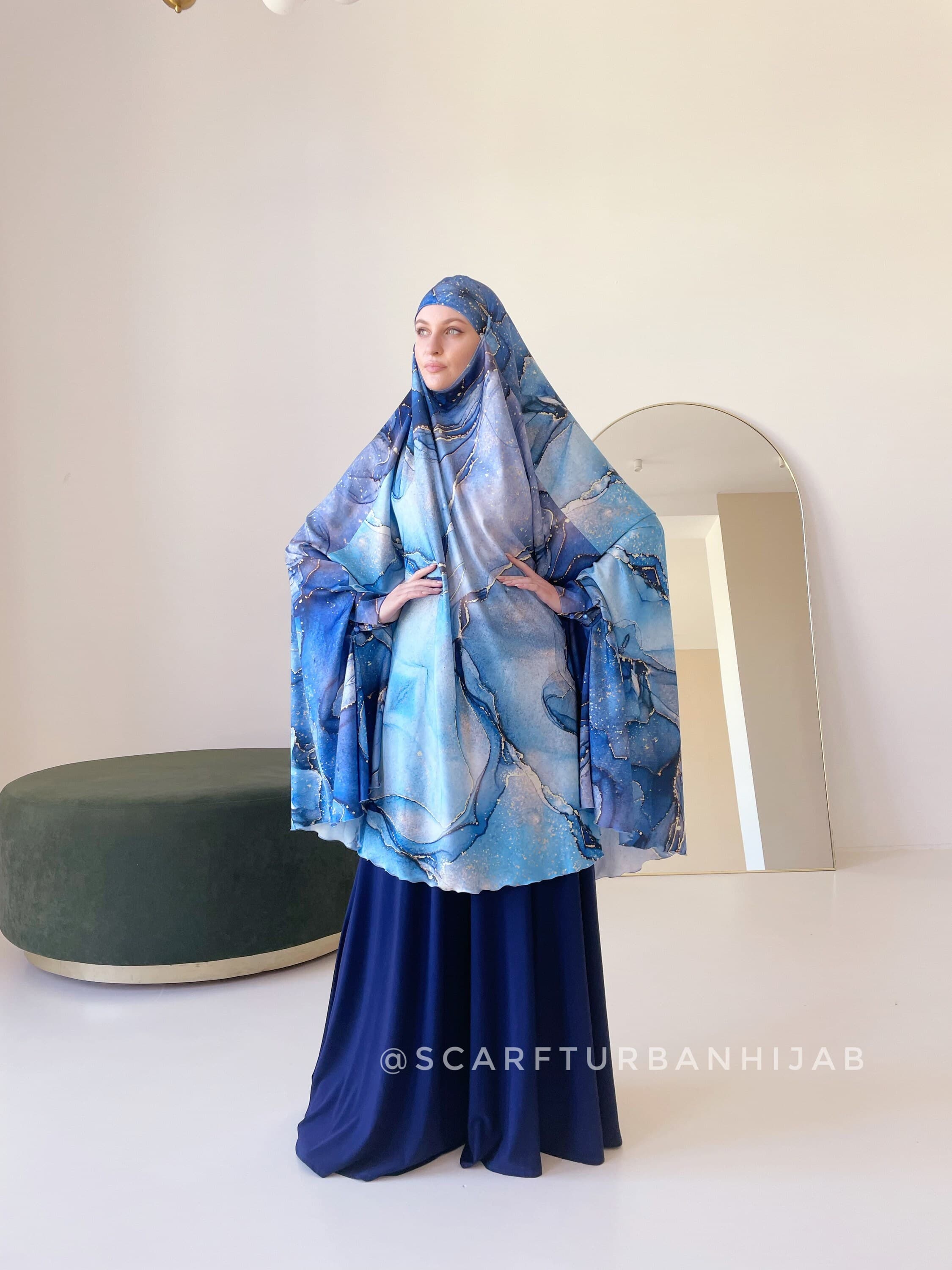 Unique Gemstone Print Silk khimar with Flared Silhouette, blue jilbab - image 4