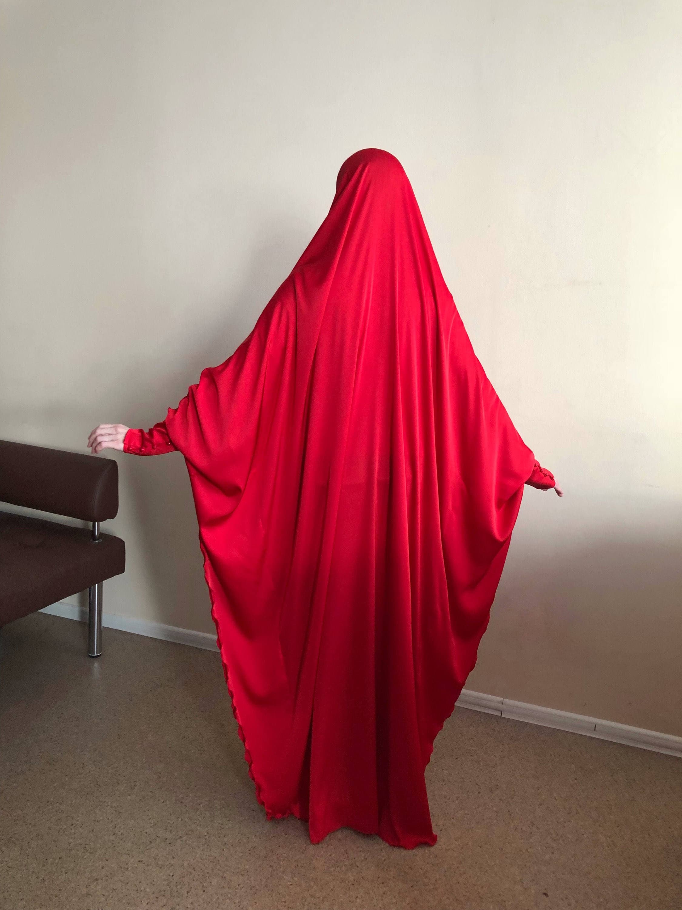 Long Red Silk Khimar, Elegant Muslim Hijab, Nikkah Burqa - image 4
