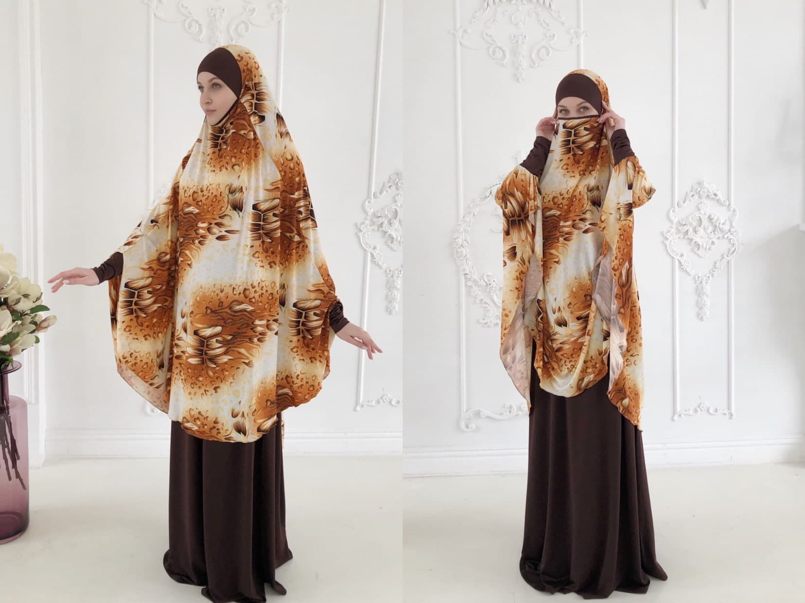 Floral Print Khimar Jilbab Hijab, Beige & Brown, Ready to Wear - image 3