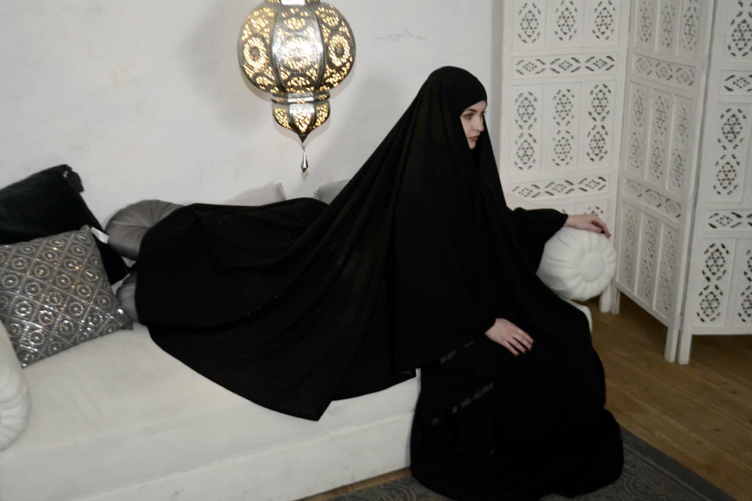 Black Crepe Chiffon Khimar, Modern Muslim Kimono Cape - image 3