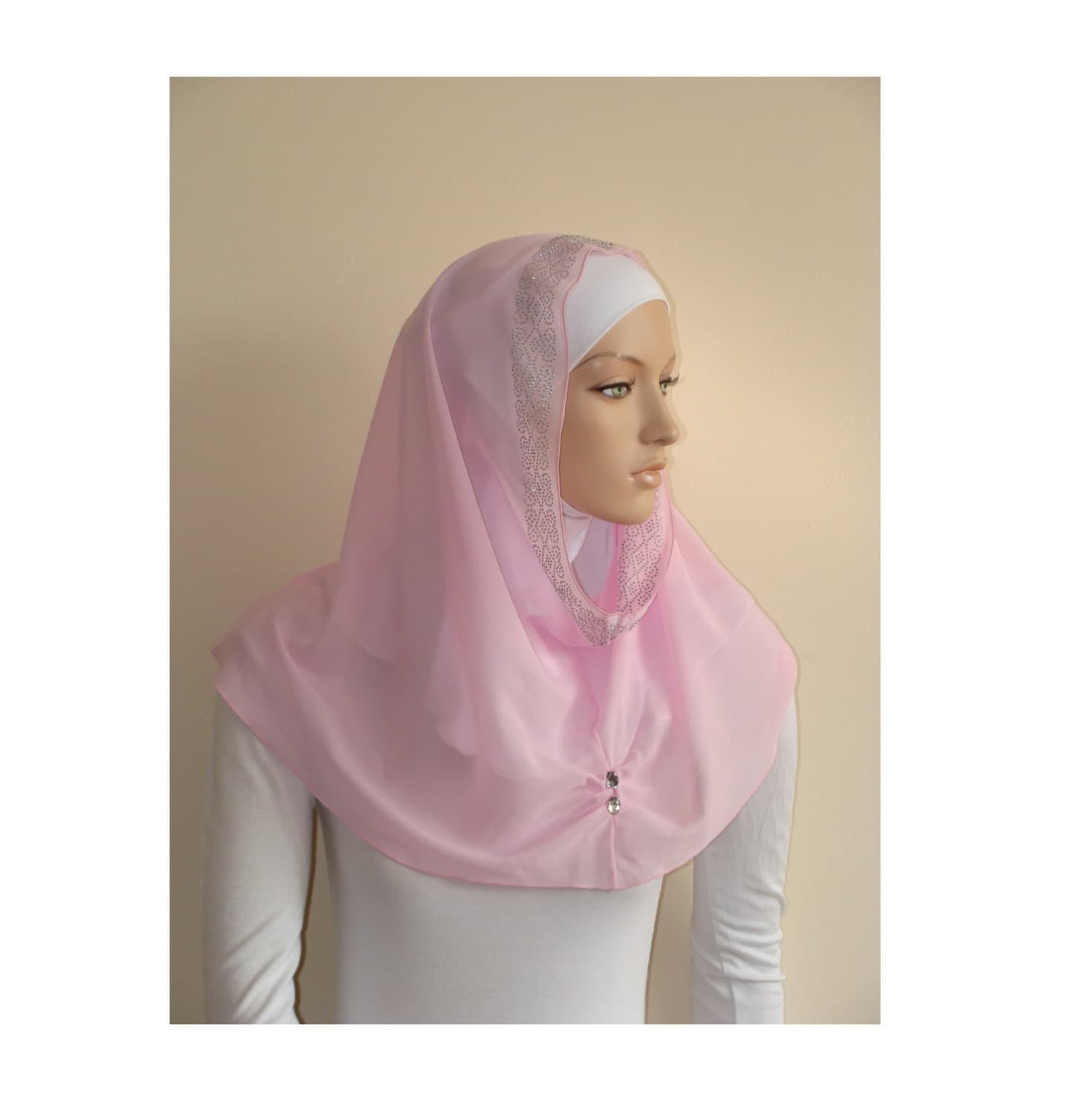 Pink Chiffon Infinity Scarf, Crystals and Stones, Modern Hijab - image 3