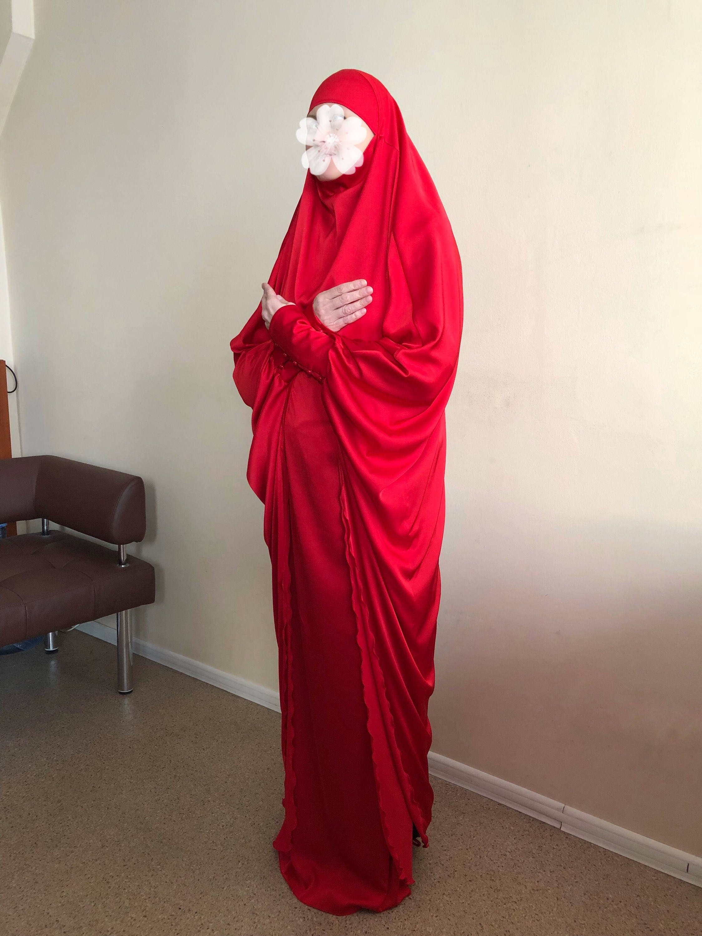Long Red Silk Khimar, Elegant Muslim Hijab, Nikkah Burqa - image 5