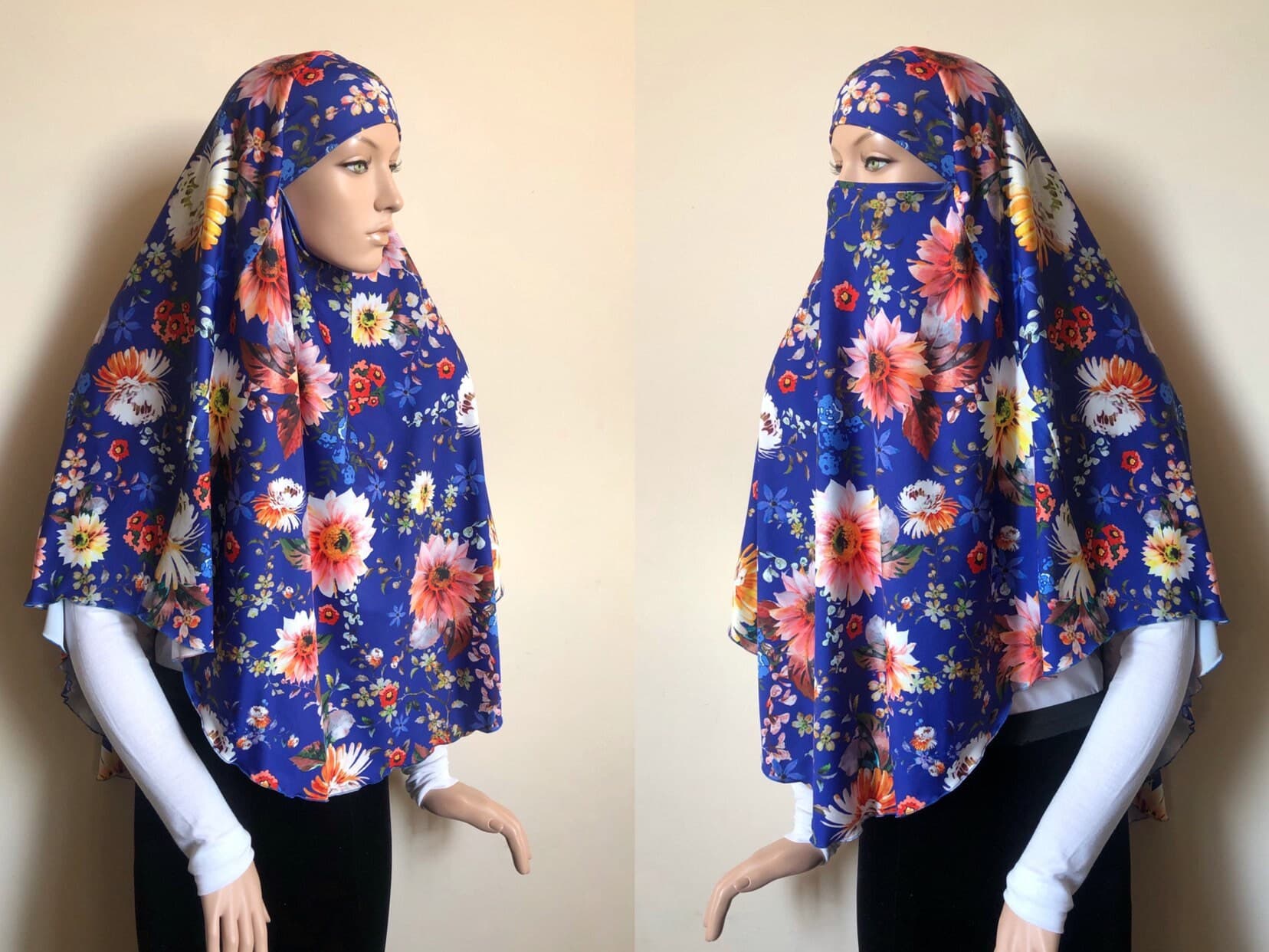 Royal Blue Floral Jersey Khimar, Traditional Hijab - image 3