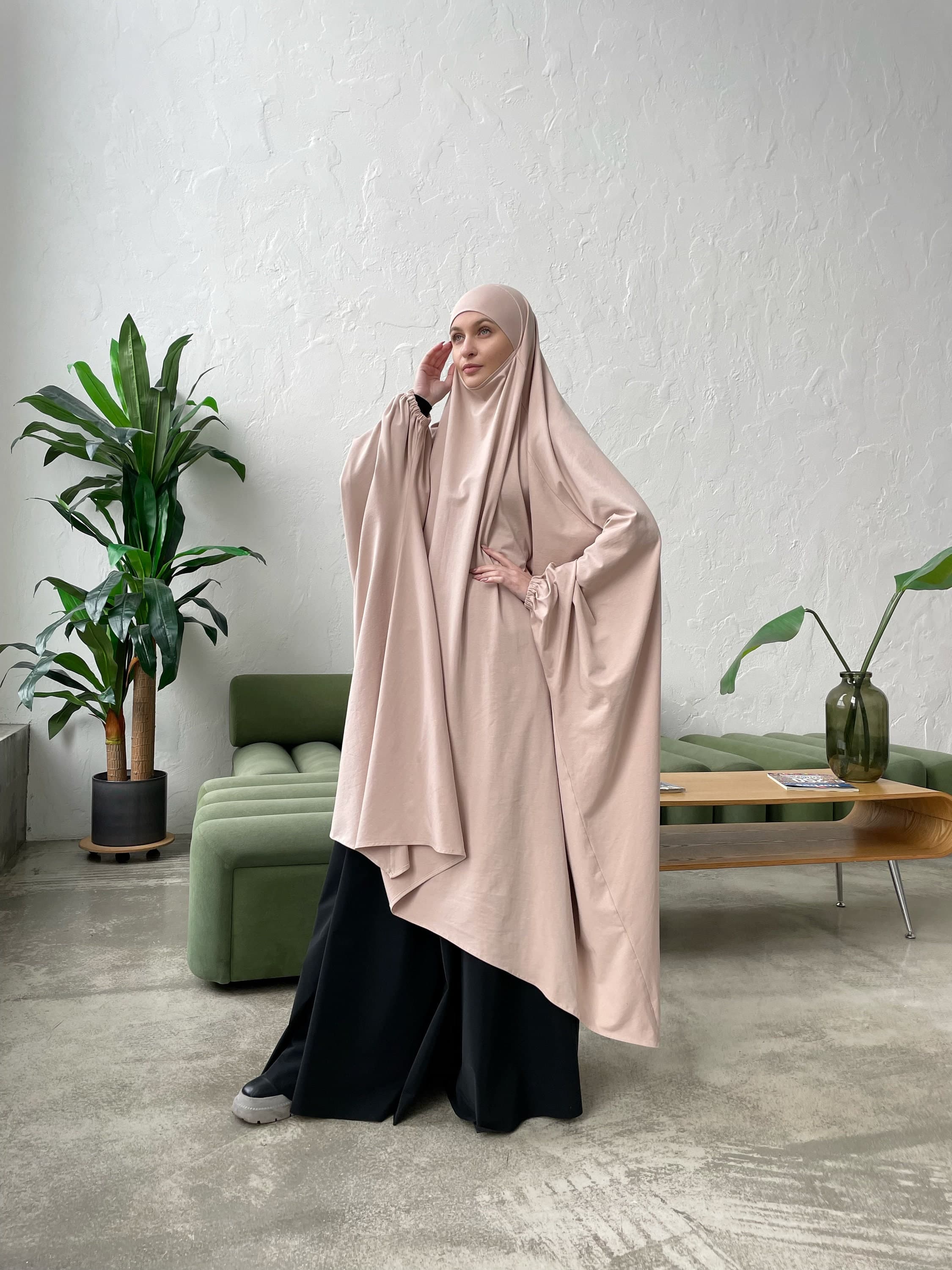 Elegant beige long cotton jersey khimar asymmetrical length - image 5