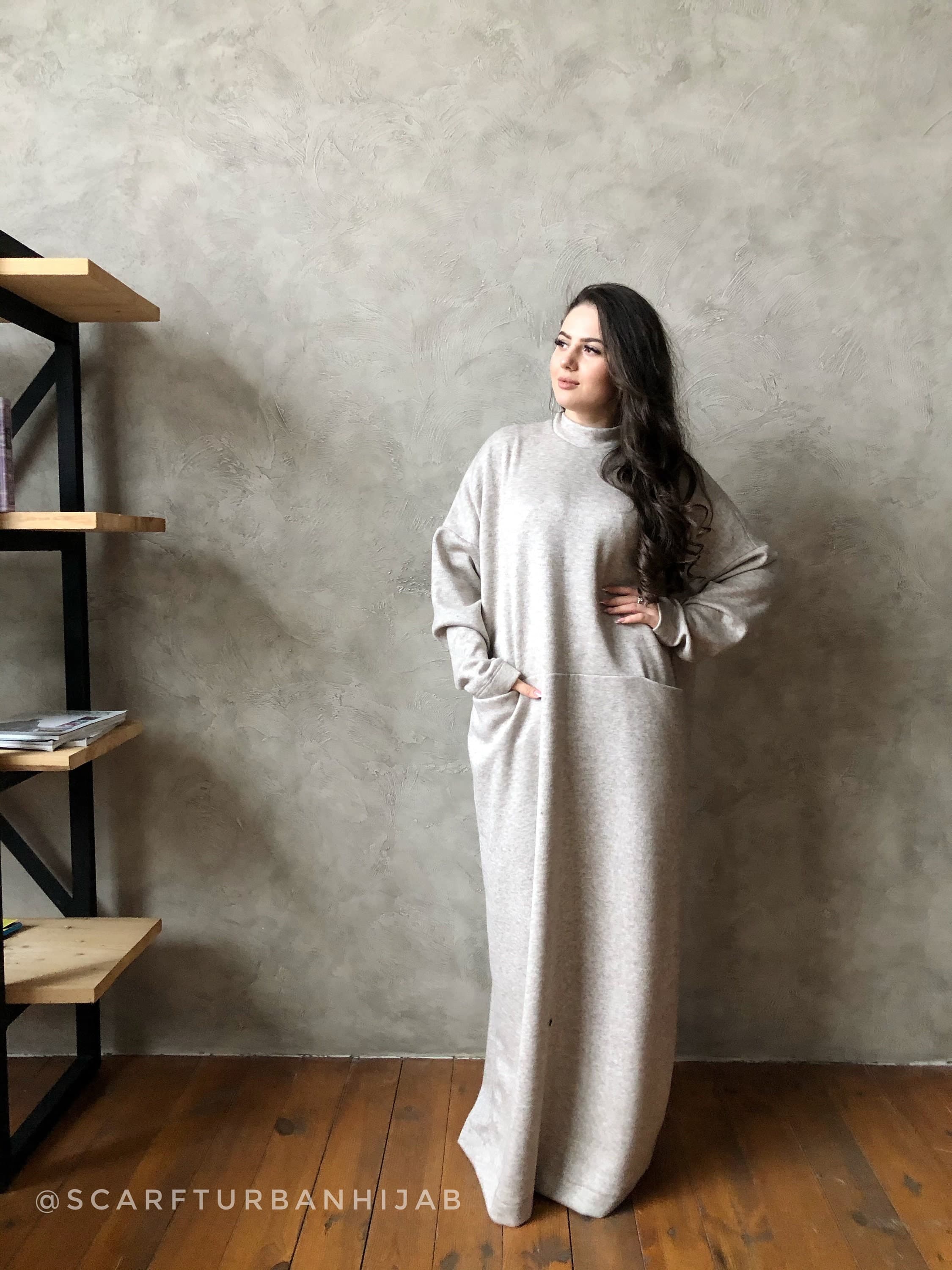 Beige Wool Maxi Dress with Hood, Plus Size Kaftan Abaya - image 4