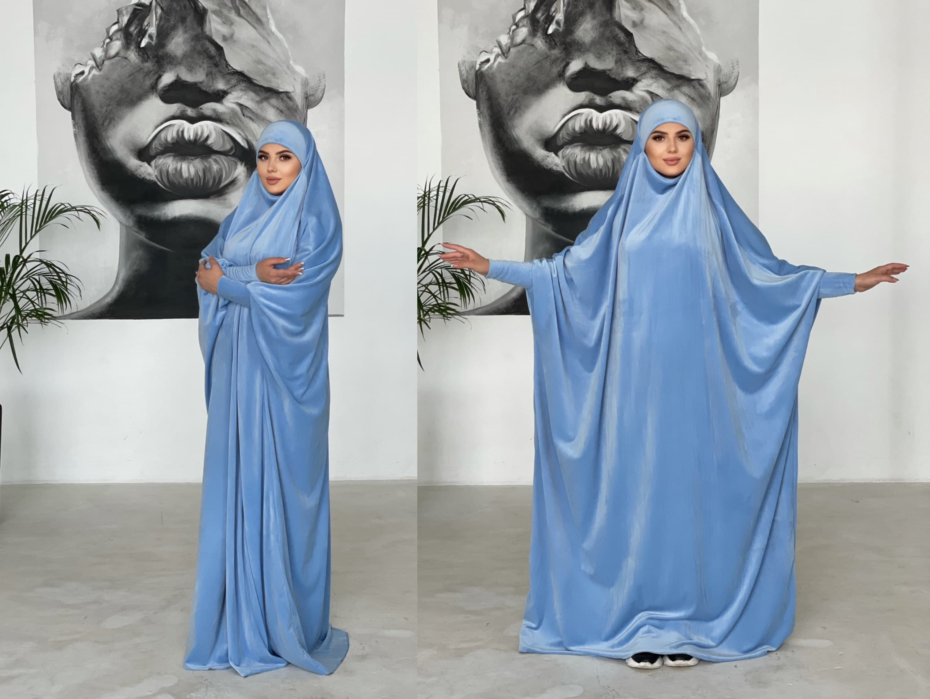 Sky Blue Plush Velour Khimar, Muslim Jilbab Hijab, Prayer Dress - image 3