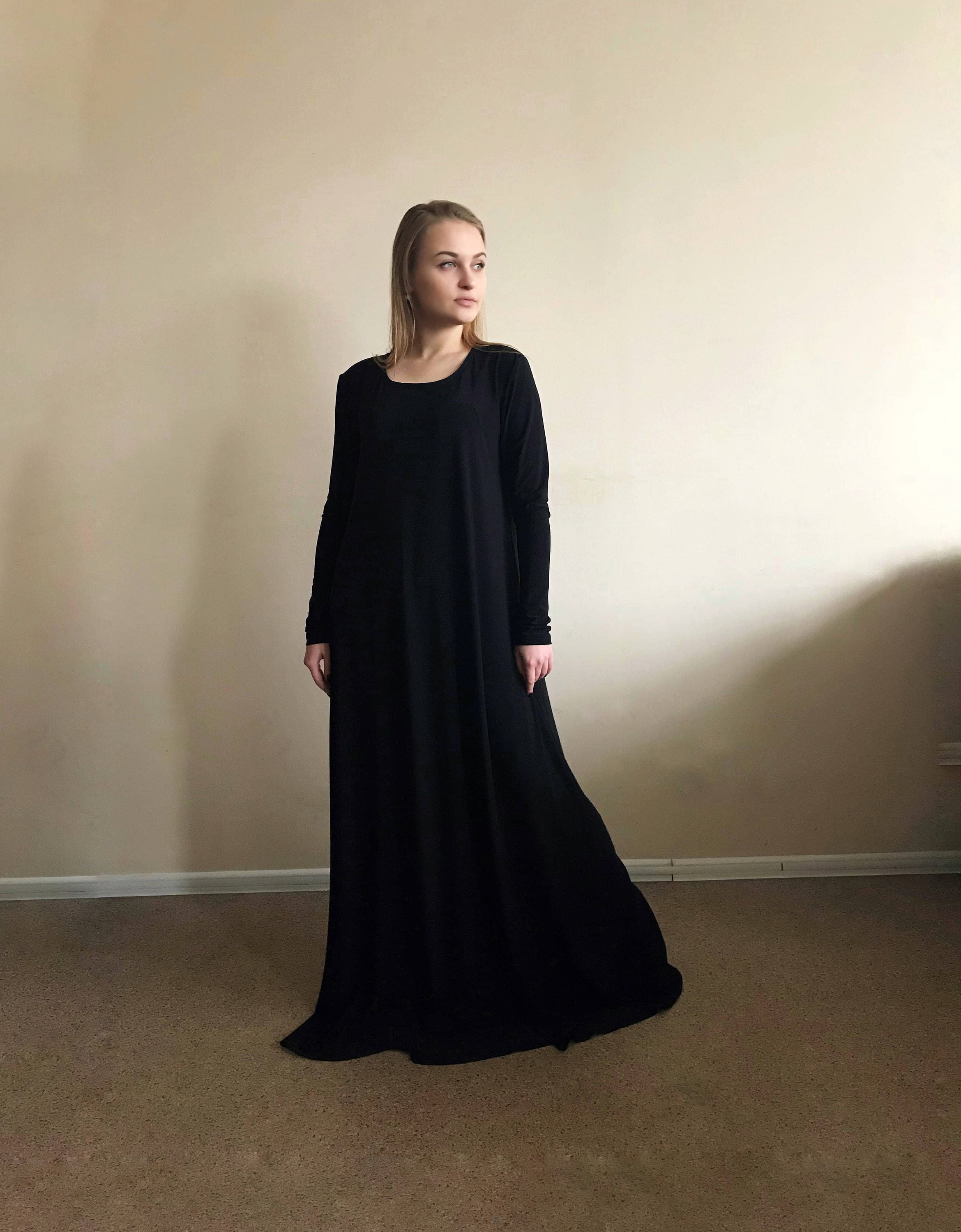 Black Jersey Maxi Dress, Long Sleeve Oversize Abaya, Elegant Basic Style - image 4