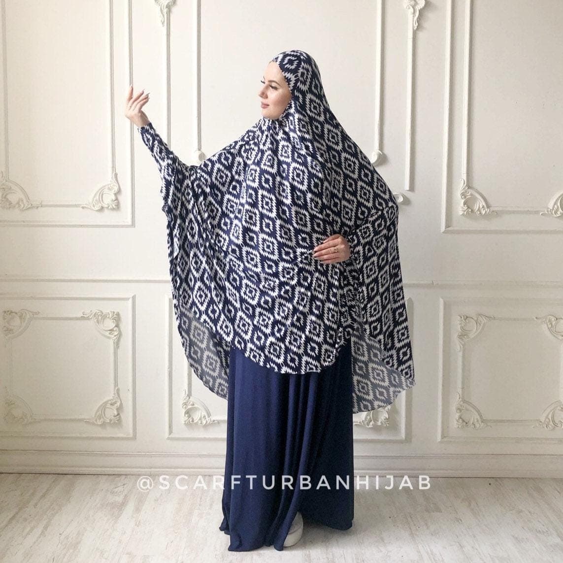 Blue Geometric Print Jersey Khimar Niqab, Islamic Prayer Scarf