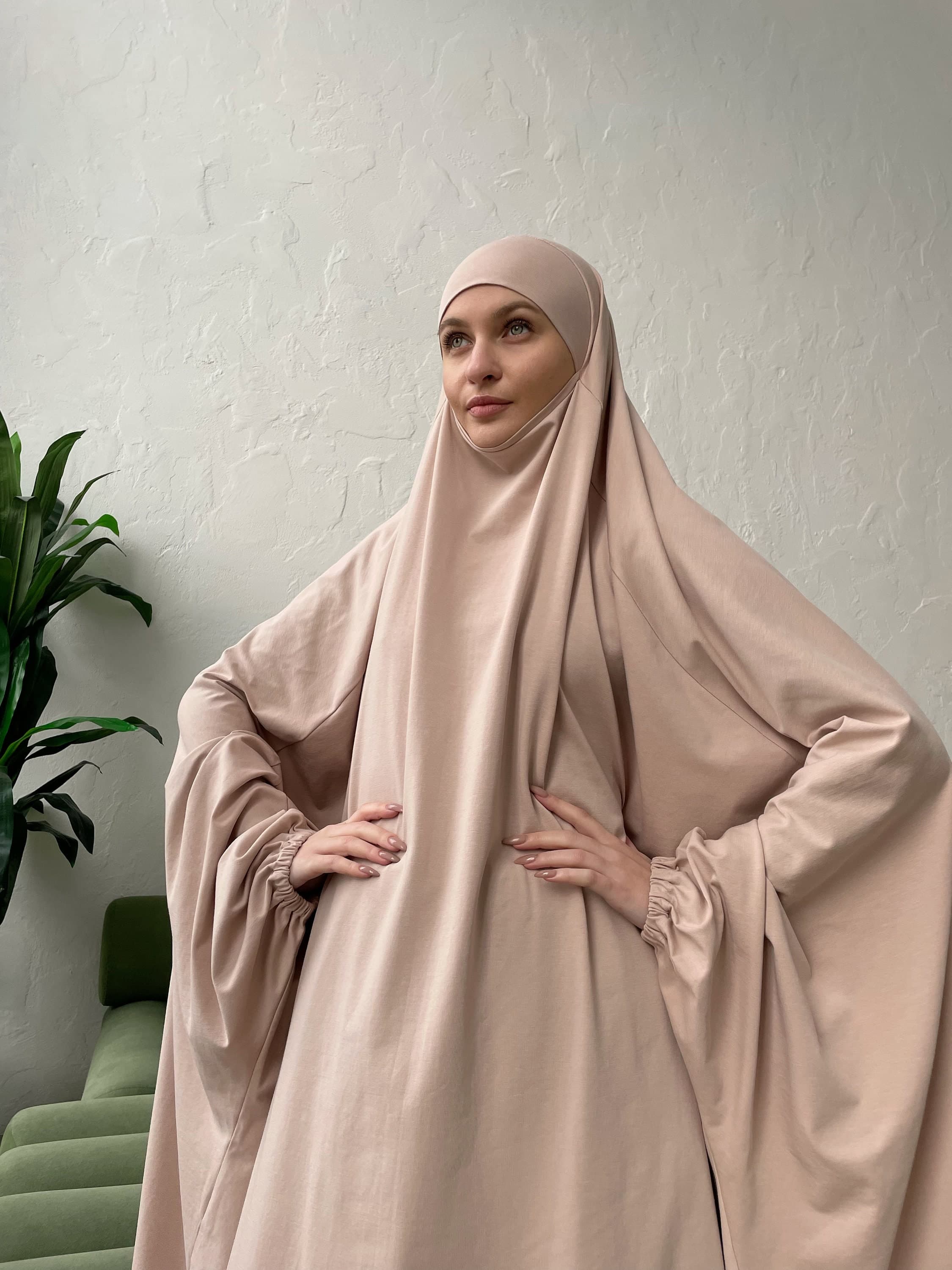 Elegant beige long cotton jersey khimar asymmetrical length - image 4
