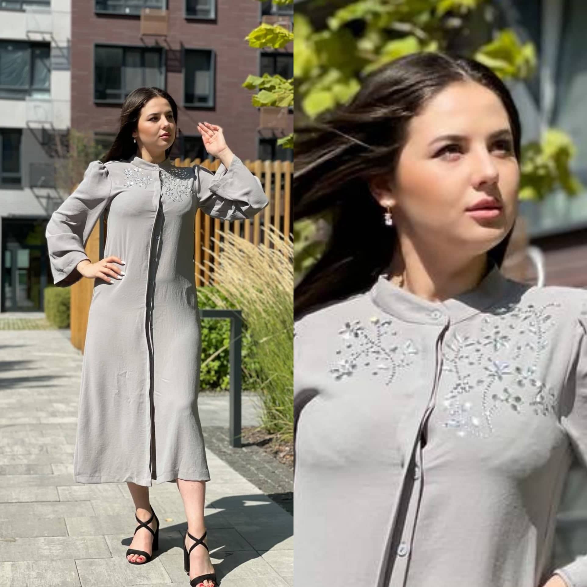 Light Grey Crepe Maxi Dress, Embellished Shoulder, Nursing Friendly - image 3