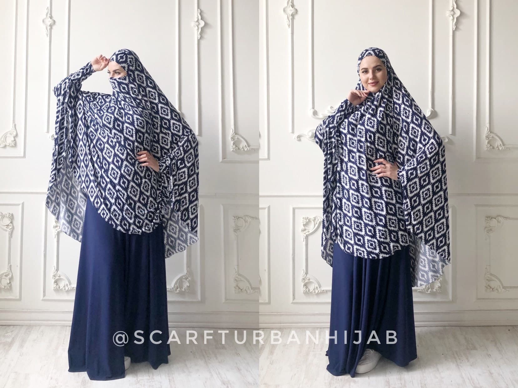 Blue Geometric Print Jersey Khimar Niqab, Islamic Prayer Scarf - image 3